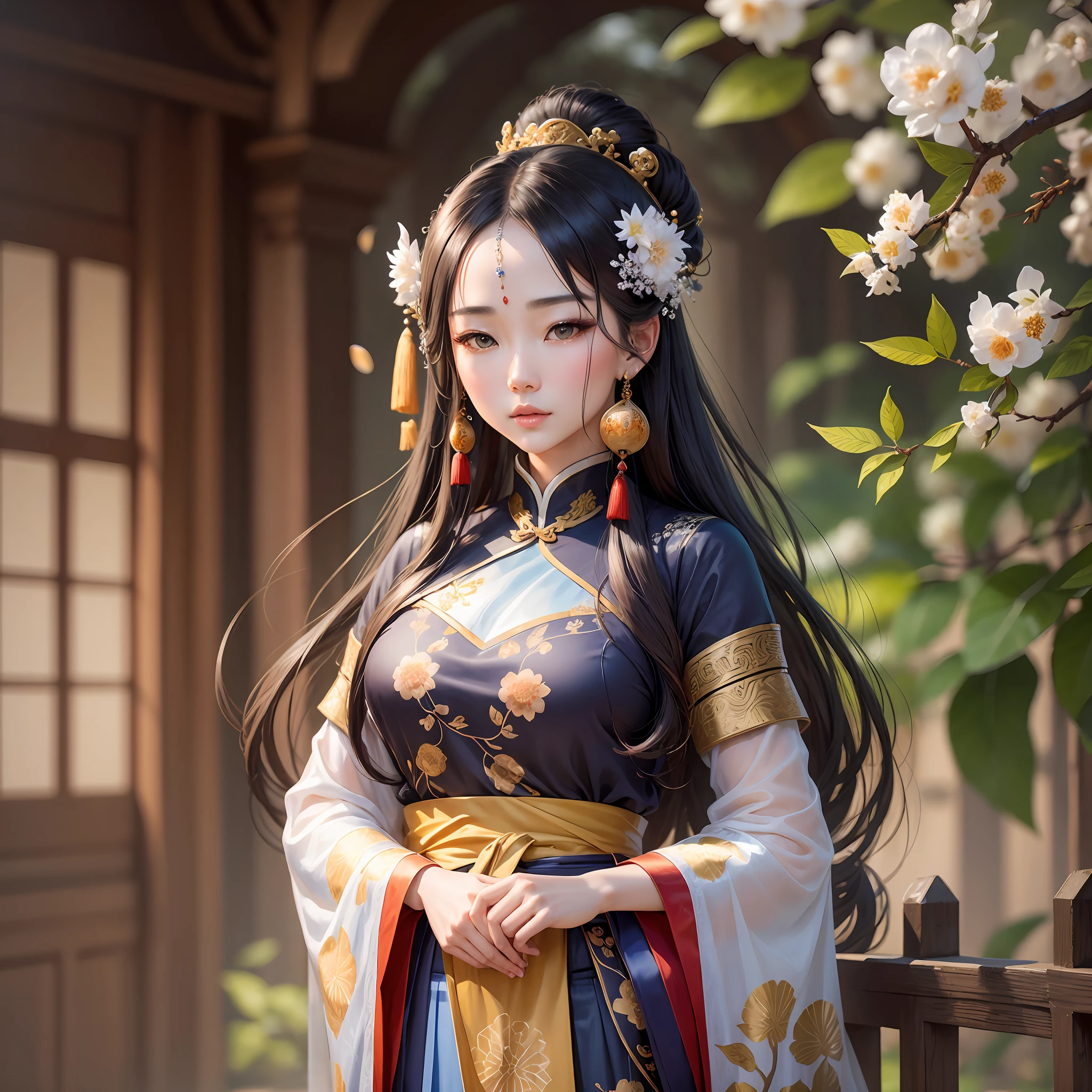 An ancient Chinese beauty standing under an osmanthus tree, charming temperament, flowing long skirt, clear face, beautiful eyes, osmanthus falling, masterpiece, super detailed, epic composition, super HD, high quality, extremely detailed, official art, unified 8k wallpaper, super detailed, 32k --auto --v 6 --s2