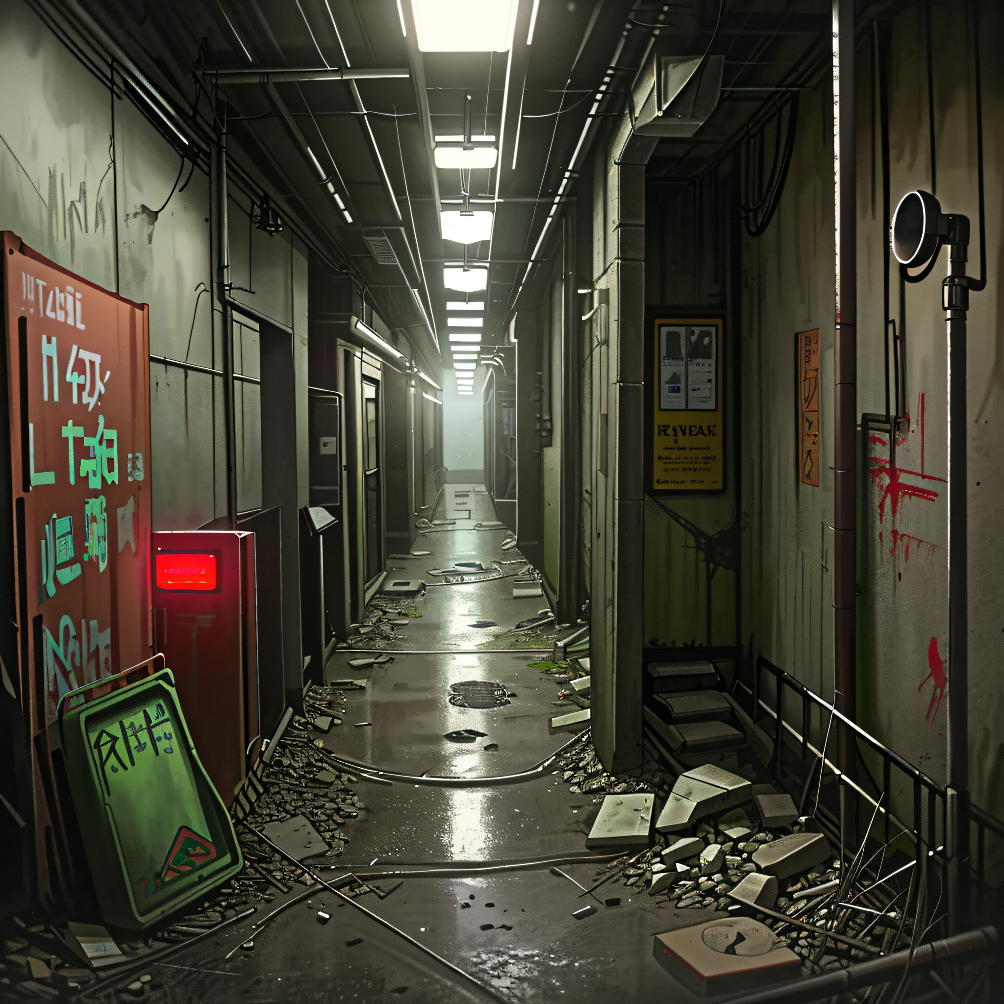 hyperrealistic and very detailed illustration of the entrance of a dark subway, point of view from the outside, very loaded image of objects, point of view from below, dirty and cracked cement stairs, trash can, metal signs, seats, cables, pole, rusty guardrails, gray walls, pale, empty boxes, damaged wall paint, some garbage on the floor,  very detailed advertisements on the neon wall, spotlight lights (very radiant), humidity, artificial and sterile environment, night, very dark landscape shadows, rainy night, very dense fog, red and green neon lights, vegetation between the cracks of the walls and the floor