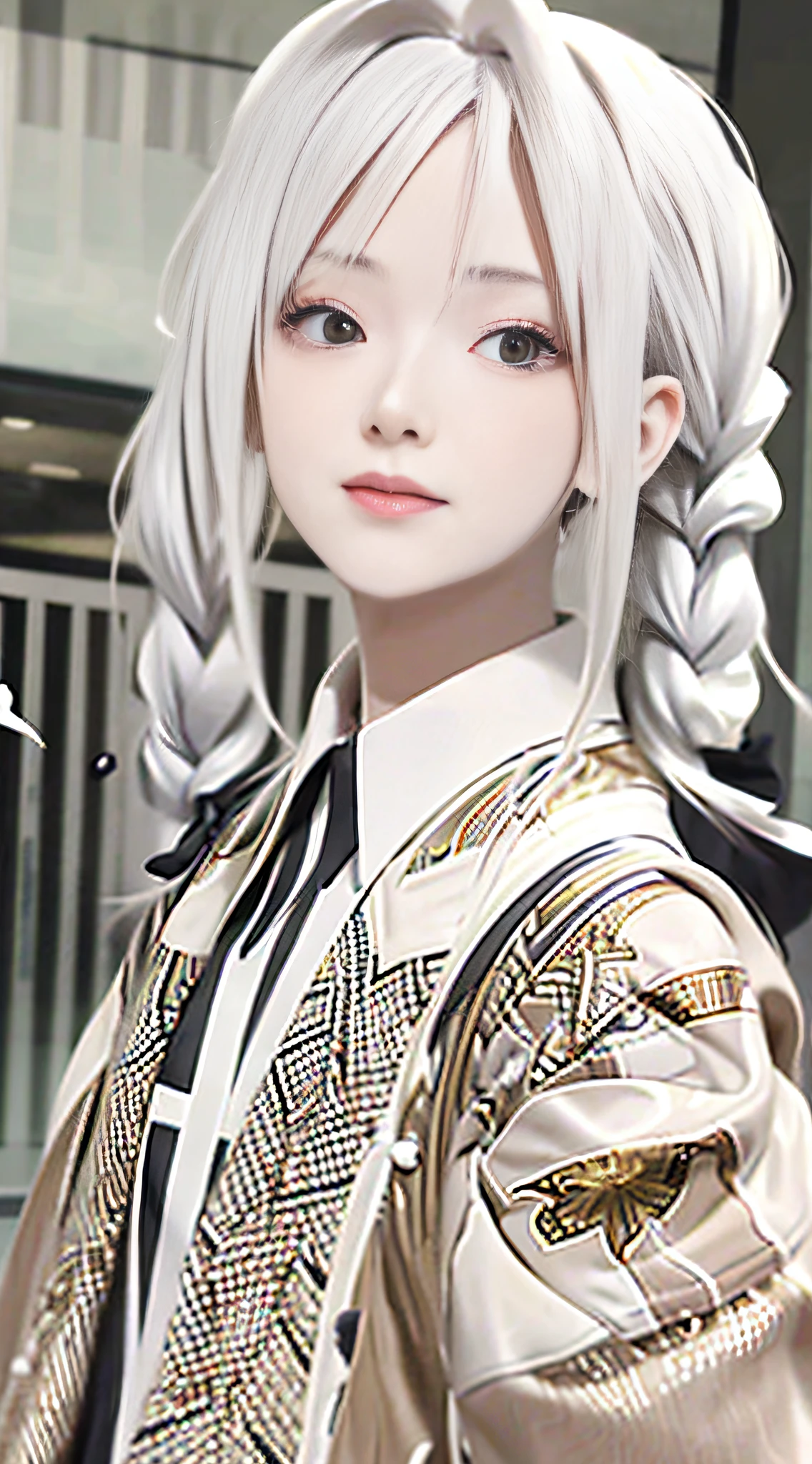 best quality, masterpiece,white hair, gold eyes,white clothes, looking up, upper body,hair strand,Fair skin,side braids