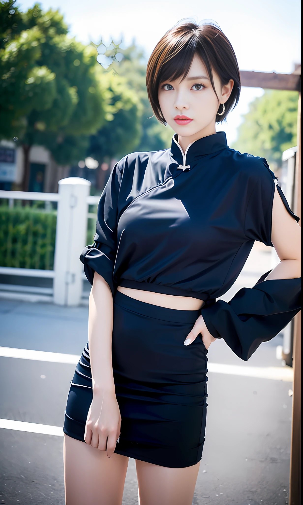 (Pure and cute beauty image: 1.5, (student 1.2), 20-year-old beauty, short black hair, blue pupils, with earrings, side face facing the camera, wearing a long skirt, (Chinese beauty 1.2), 3D rendering, movie lighting, movie special effects), clear HD, 8K resolution, very detailed, digital painting, concept art, Shinkai Makoto style, pop popularization trend, pop, pop, pop trend.