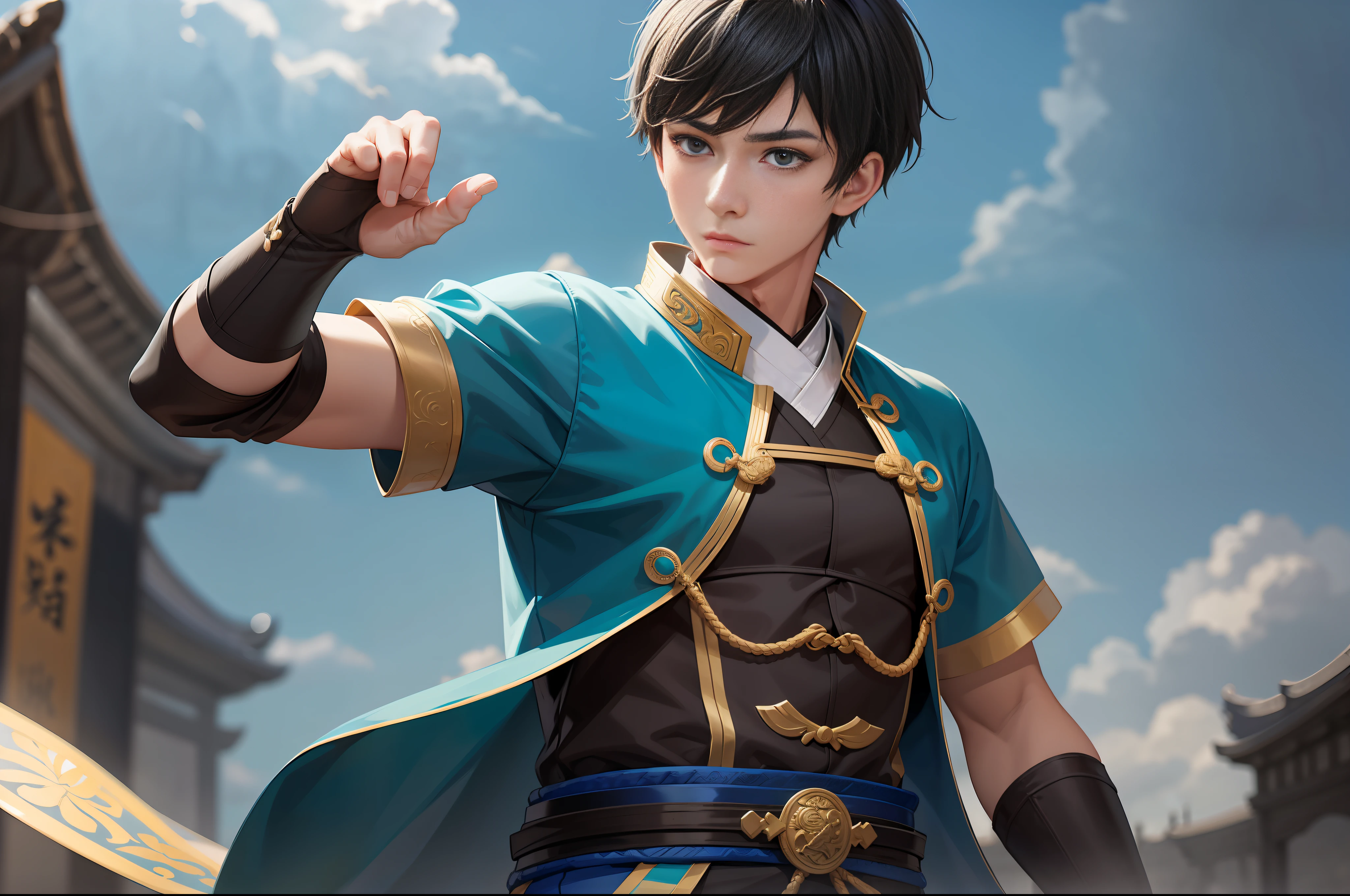 Boy, 18 years old boy, standing outside, decadent, ridiculed, cyan clothes, ancient costume, martial arts uniform, black hair, super short hair, 4K, HD, many details, ancient martial arts style, Chinese martial arts. The boy was pointed at by a lot of people.