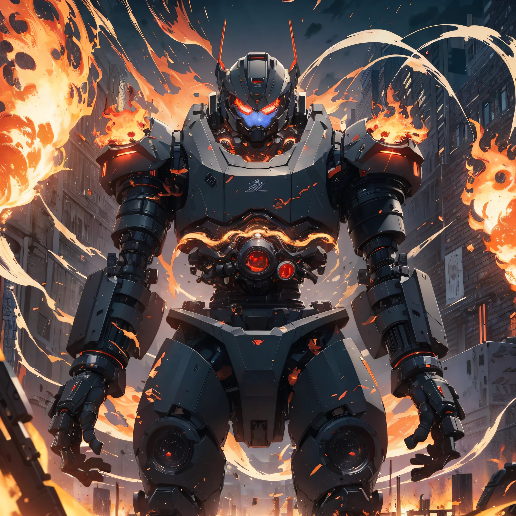 Absurd resolution, high resolution, (masterpiece: 1.4), hyper-detail, a mech, black armor, large warehouse, open eyes, red glasses, facing the lens, fire, body power stove heat, robotic arm with flames and white smoke on its hands
