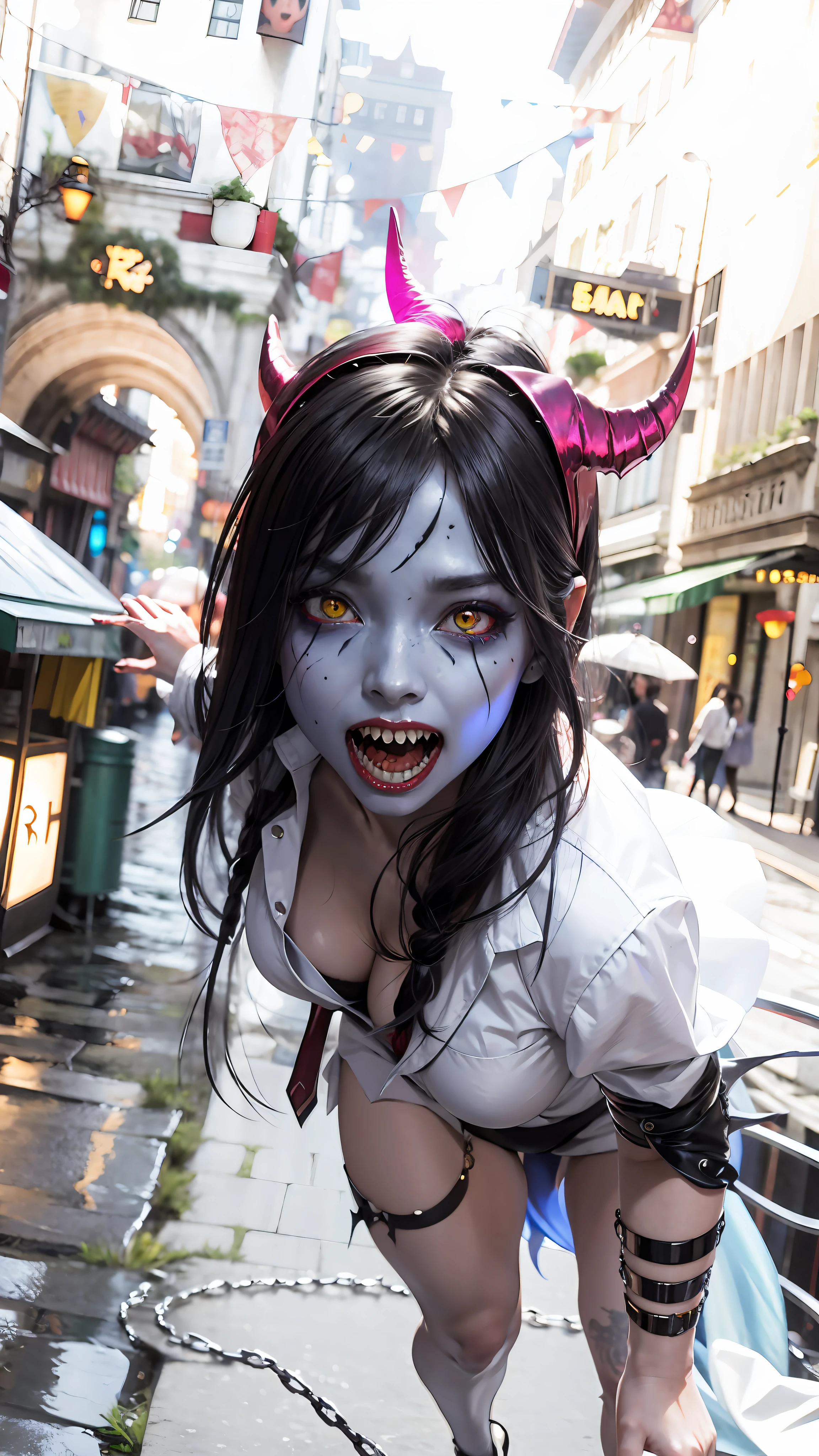 official art, unity 8k wallpaper, ultra detailed, beautiful and aesthetic, beautiful, masterpiece, best quality, 1girl, woman walking to the viewer,horror,demoniac ,sharp teeth,screaming,front view,(looking at viewer), DemonicT,blue skin, black sclera, colored sclera, colored skin,demon wings, yellow eyes, , demon horns, slit pupils,chained,full body