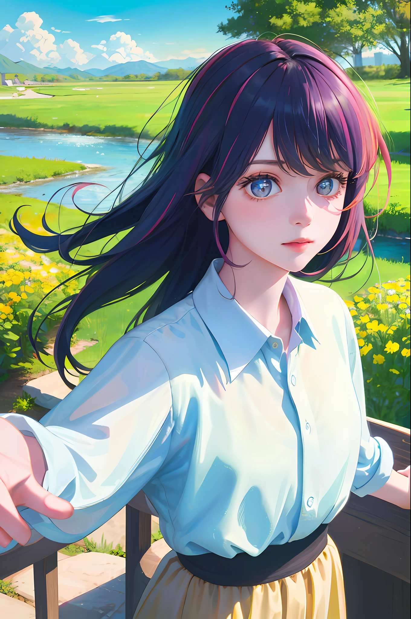 ((masterpiece)), better quality, great highlight on the upper body, wearing light spring clothes, colorful hair, outdoor landscape, magazine cover photography - start with a confident and charming pose.