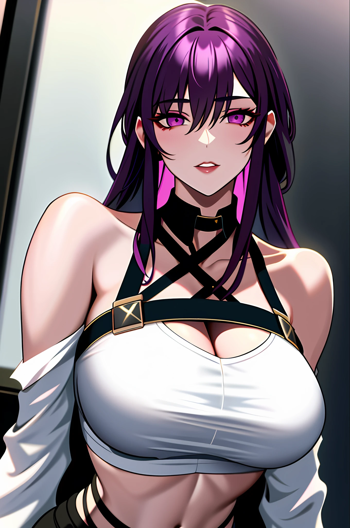 1girl, solo,black bodysuit,eyewear on head, navel, pants, purple eyes, rain, black pants, looking at viewer, bare shoulders, stomach, midriff, purple hair, parted lips, choker, off shoulder, black choker, tattoo, underwear, panties, sitting, black crop top, medium breasts, criss-cross halter, halterneck, shirt, white shirt, long hair, highleg, black panties,star-kafka,huge breasts,shiny,shiny skin,mature female