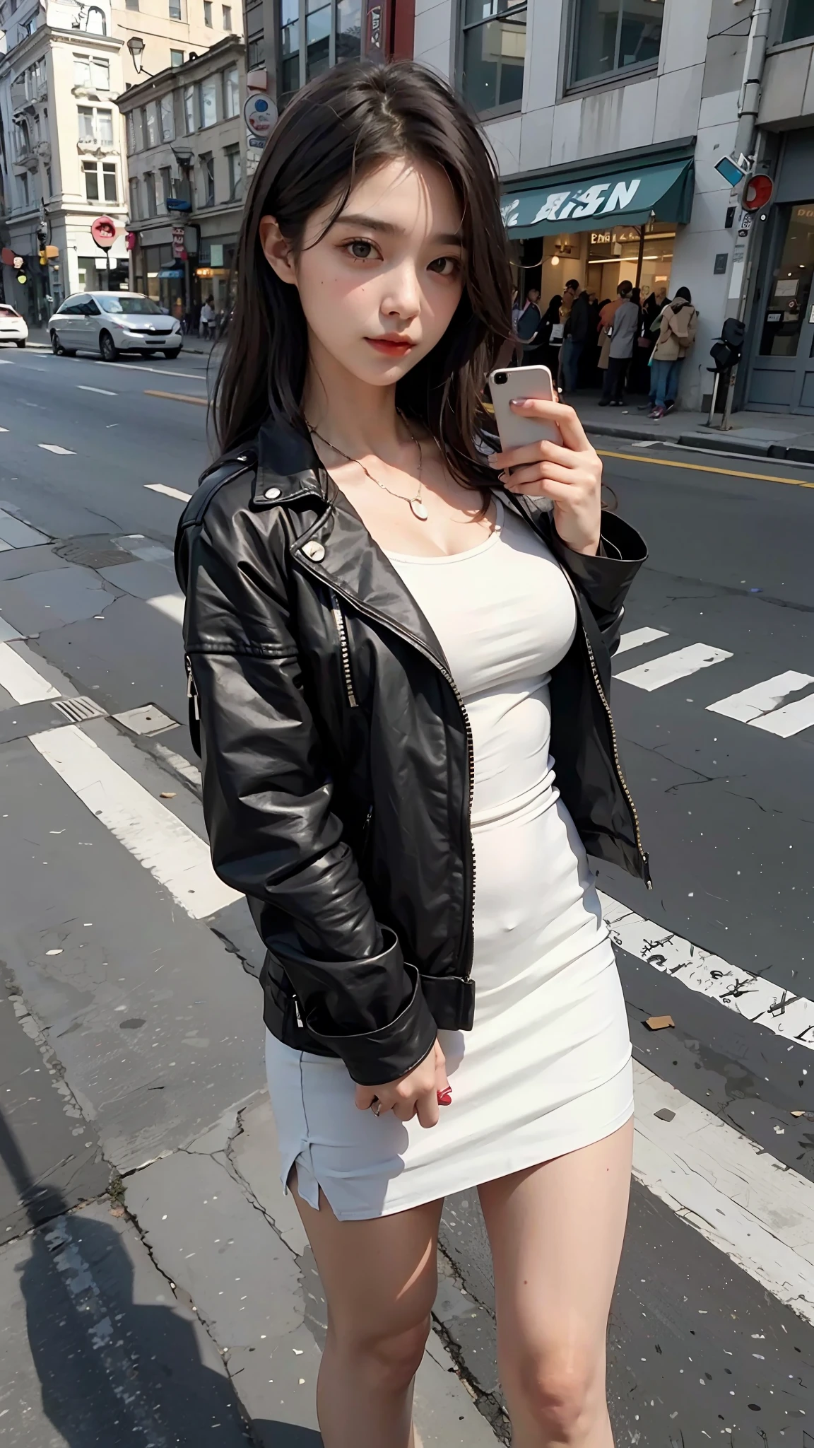 Beautiful woman, fiddling with cell phone in the middle of the street, short clothes