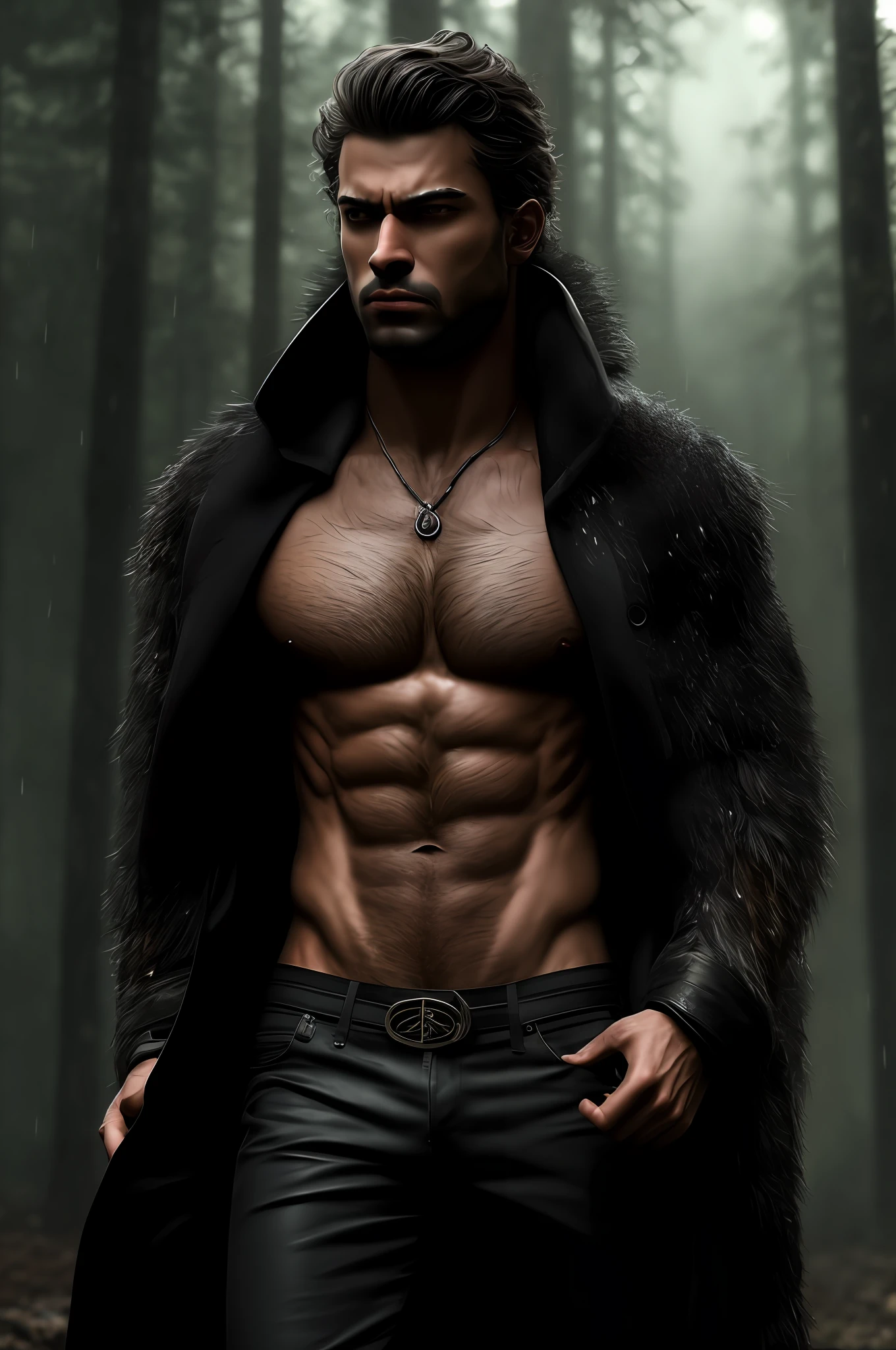 Ultra detailed 8K CG, perfect face, insanely handsome face, mature man, revealing clothes, spotlight, looking at the viewer, hyperrealistic, werewolf power, daring look, elegant, forest background, rain, fog, short disheveled hair, full body, full-length