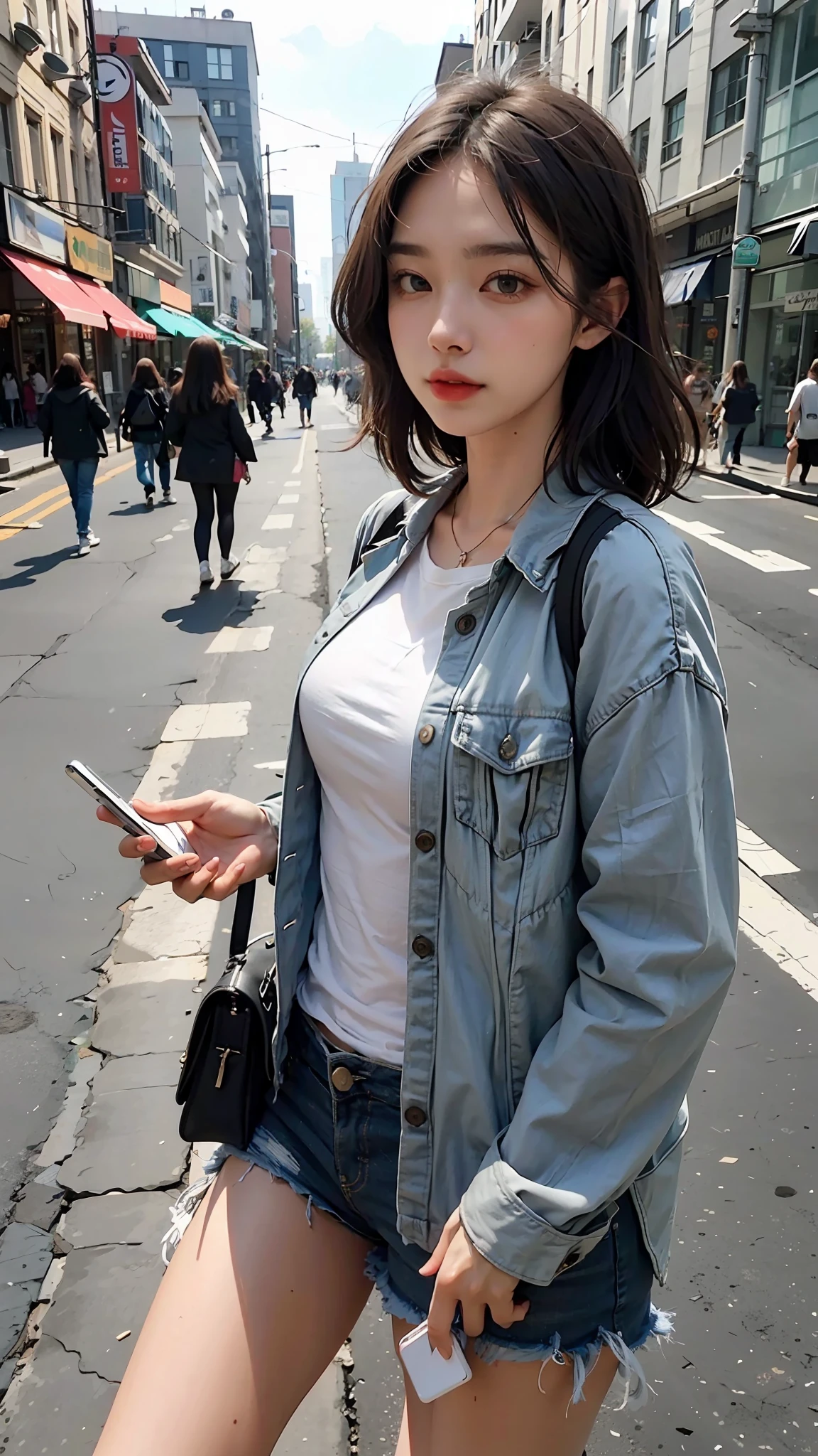 Beautiful woman, fiddling with cell phone in the middle of the street, short clothes