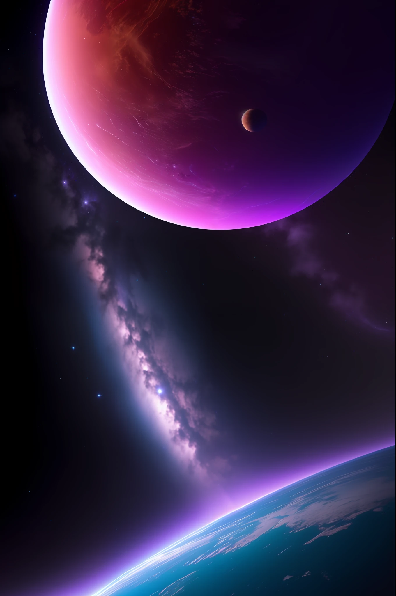 Planet from space, cosmic, purple, land, ocean, alien, solar system, colorful, fruitful, habitable, alien land, purple oceans, ice, birds, planet light years away, big, exoplanet, 8K resolution, ultra detailed, Fantasy vibe, centered, dreamlike, intricate detail, Cinematic Lightning, Unreal Engine, Realistic, Photorealistic, Hyper-detailed, insane details, Super-Resolution, Megapixel, FKAA, TXAA, RTX, SSAO, Post Processing