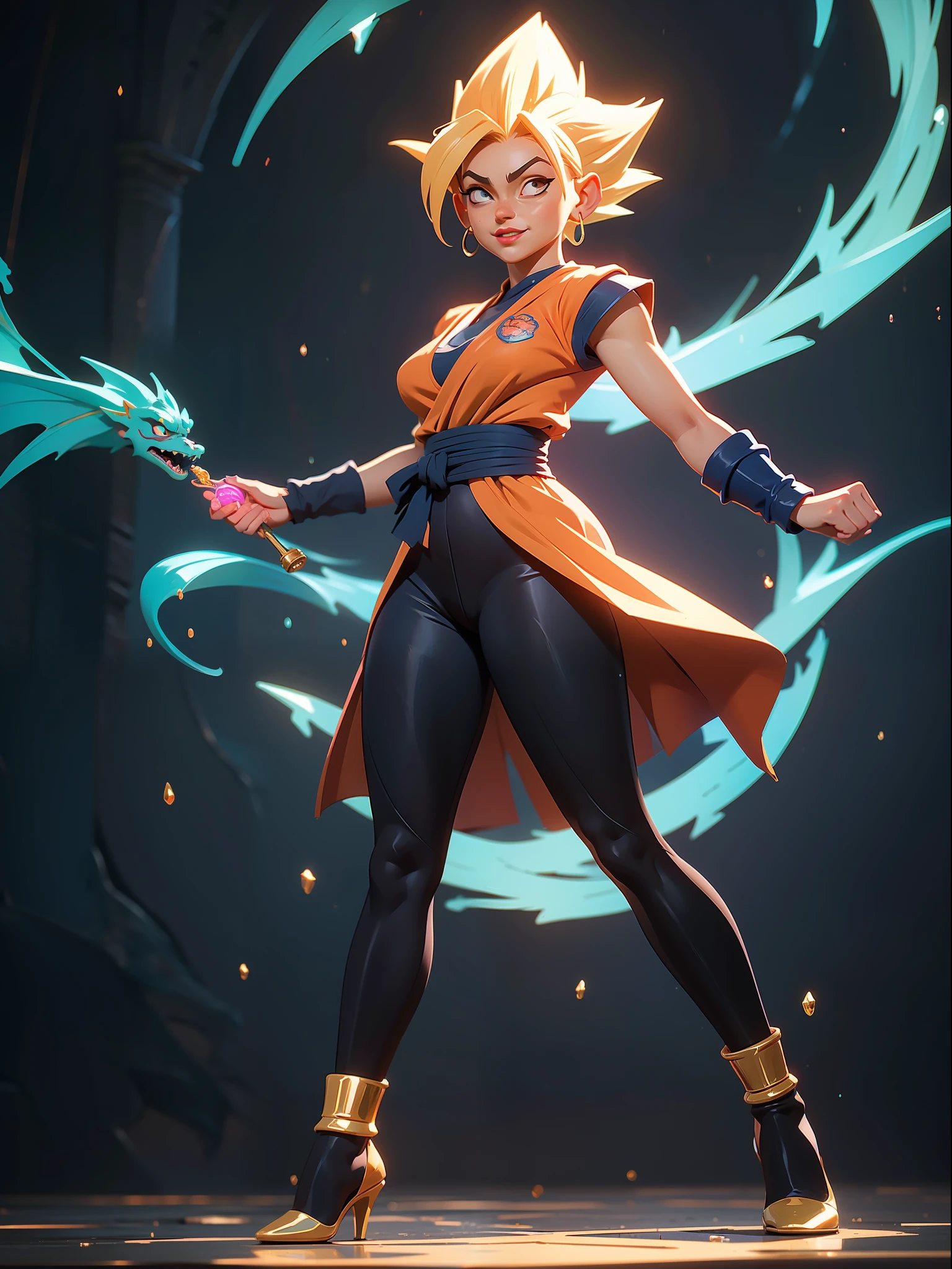 ((Full body photo, feet on the ground, straight body, Dragon Ball Anime)), ((Laura/woman, big breasts, extremely beautiful)), ((Super Saiyan Superior Instinct)) {transformed into Super Saiyan} wearing Goku child's costume/extremely tight on body, emanating golden magic aura circling furiously around the body. Background, completely destroyed city at night raining hard. Her outfit is soaked in water, she's staring at the viewer, smiling, fists clenched, concentrating magical aura, in a front-facing attack pose. Anime Dragon Ball, high detail, anime, 16k, UHD, retina, retina, ccurate, anatomically correct, textured skin, super detail, high quality, award winning