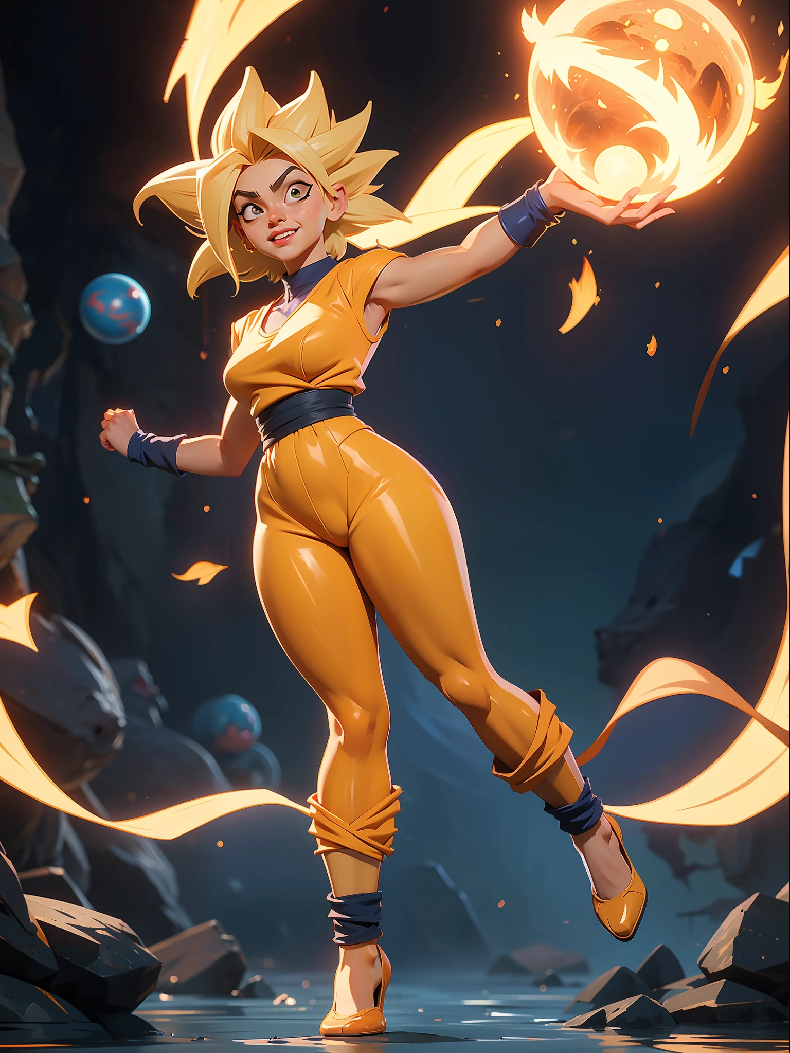 ((Full body photo, feet on the ground, straight body, Dragon Ball Anime)), ((Laura/woman, big breasts, extremely beautiful)), ((Super Saiyan Superior Instinct)) {transformed into Super Saiyan} wearing Goku 's costume/extremely tight on body, emanating golden magic aura circling furiously around the body. Background, completely destroyed city at night raining hard. Her outfit is soaked in water, she's staring at the viewer, smiling, fists clenched, concentrating magical aura, in a front-facing attack pose. Anime Dragon Ball, high detail, anime, 16k, UHD, retina, retina, ccurate, anatomically correct, textured skin, super detail, high quality, award winning
