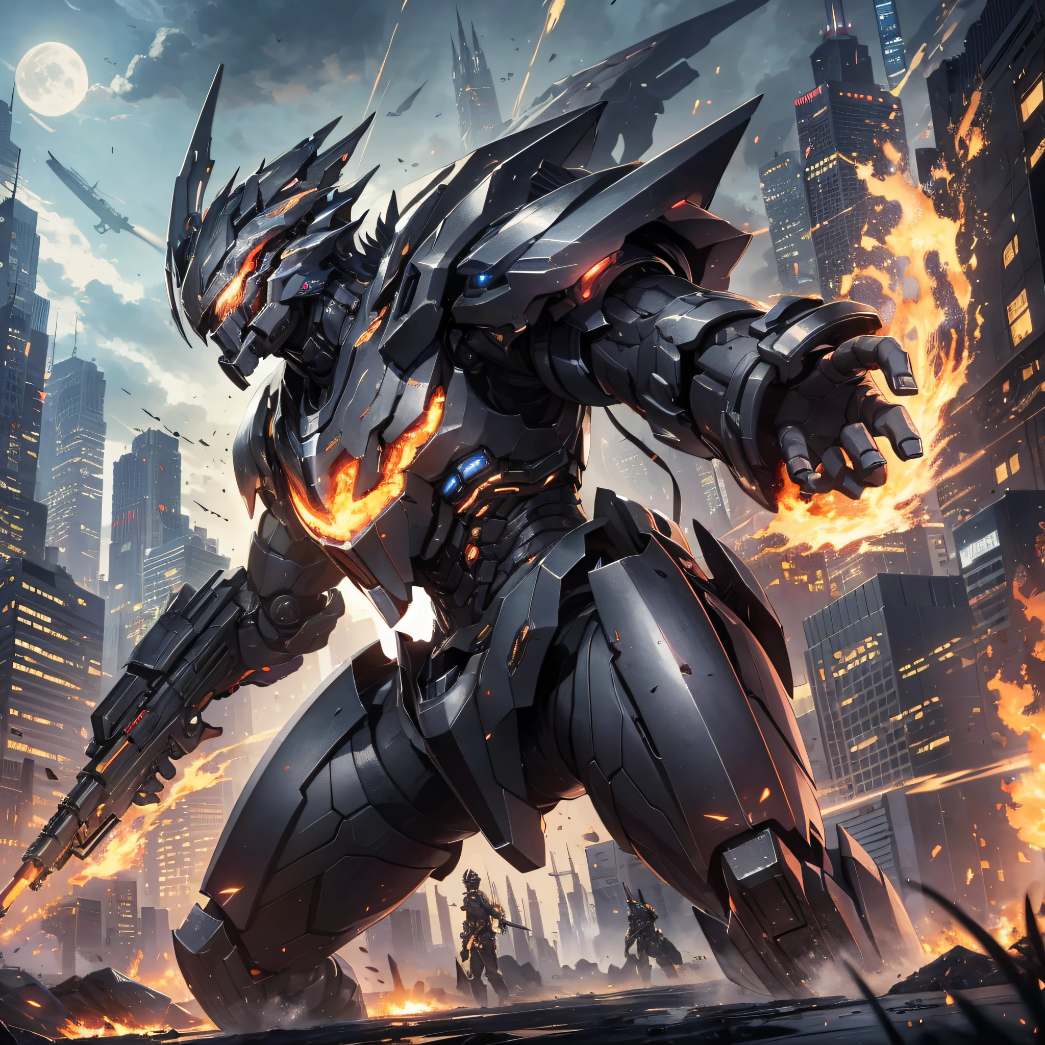 Absurd resolution, high resolution, (masterpiece: 1.4), hyper-detail, night, a mech, black armor, battle, monster, attack, fire, shock