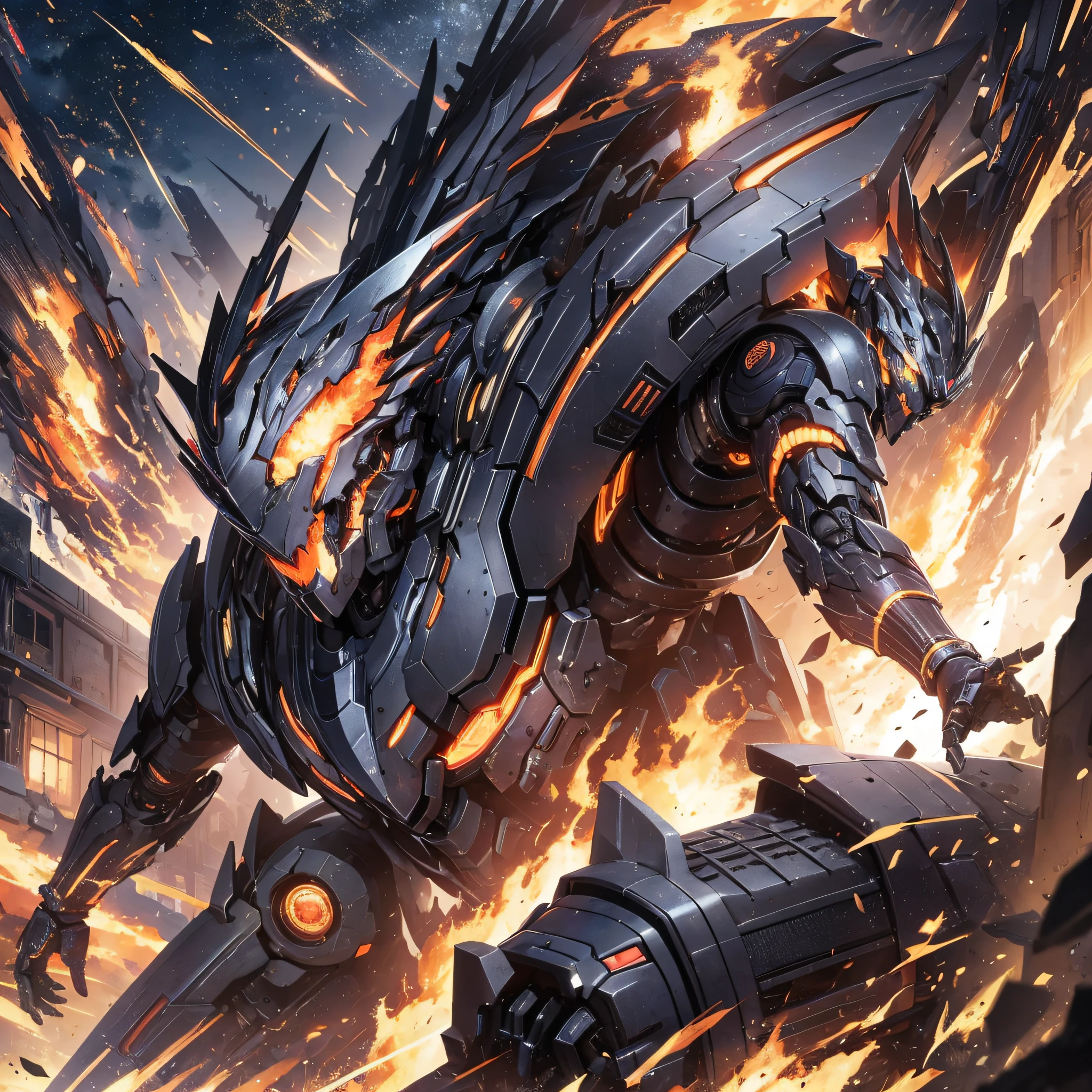 Absurd resolution, high resolution, (masterpiece: 1.4), hyper-detail, night, a mech, black armor, battle, monster, attack, fire, shock