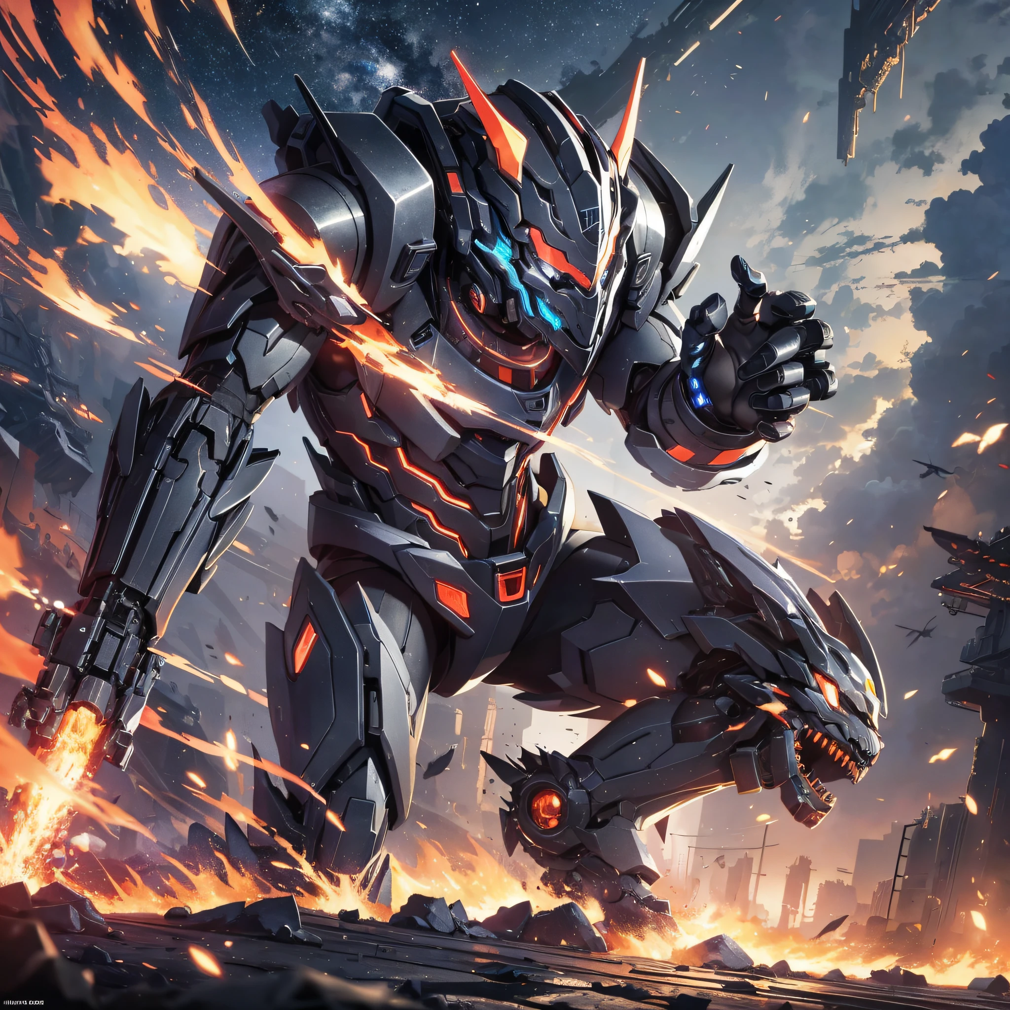 Absurd resolution, high resolution, (masterpiece: 1.4), hyper-detail, night, a mech, black armor, battle, monster, attack, fire, shock