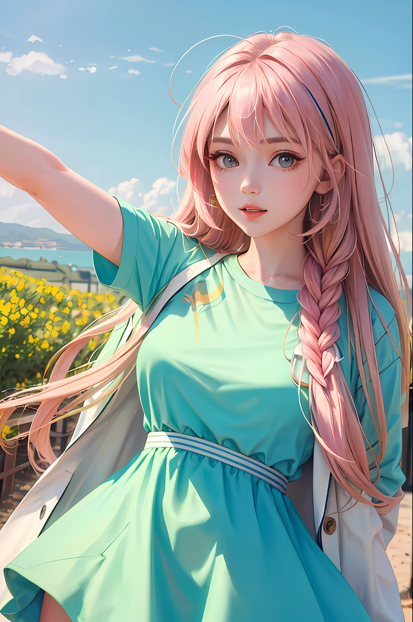 ((masterpiece)), better quality, great highlight on the upper body, wearing light spring clothes, colorful hair, outdoor landscape, magazine cover photography - start with a confident and charming pose.