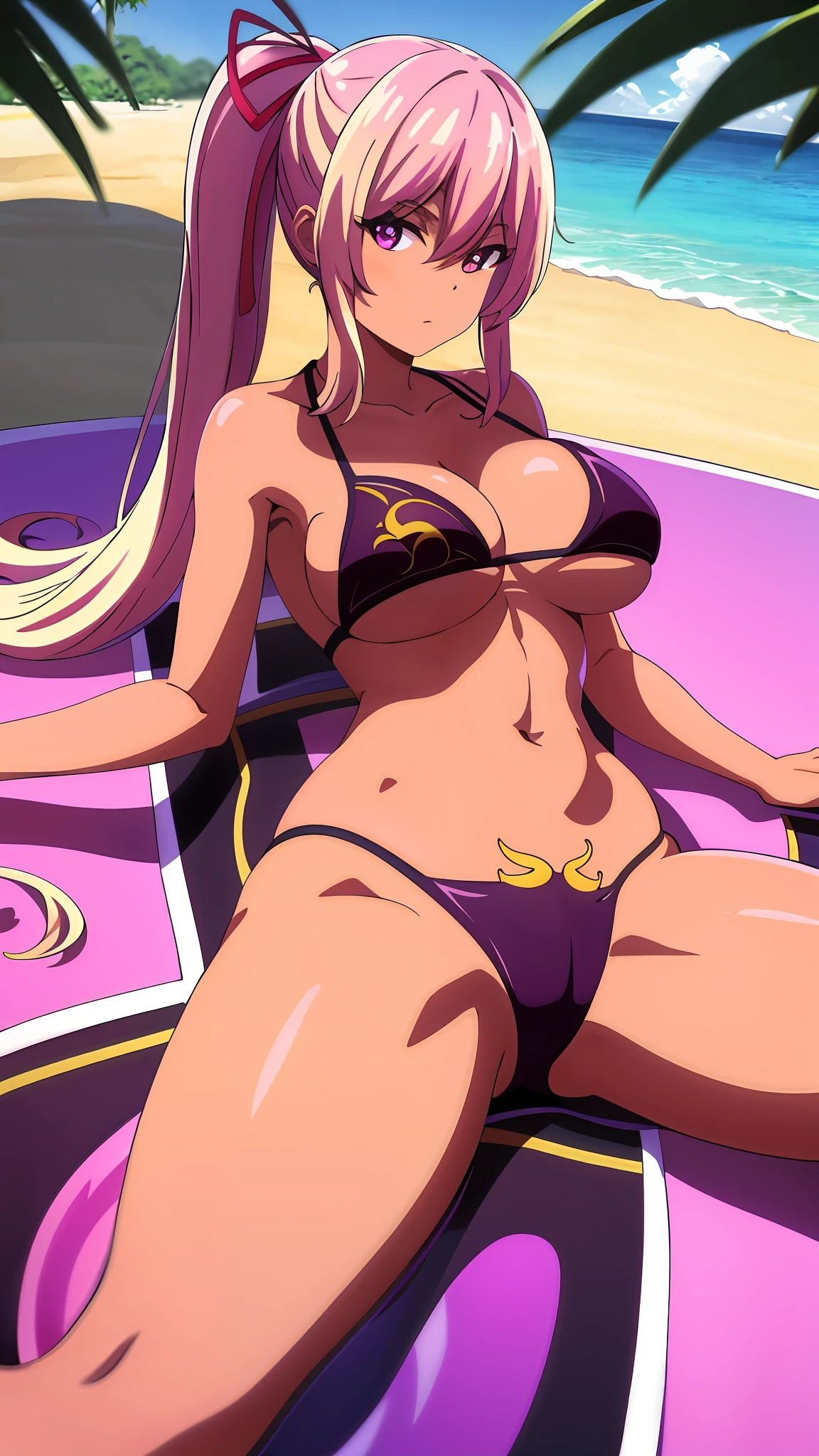 (sfw), (masterpiece:1.2), dakini, best quality, masterpiece, highres, original, extremely detailed wallpaper, (ultra-detailed), (best illustration), (best shadow), big breasts, (perky breasts), neon pink bikini, micro bikini, from above, sand, shade, sun rays, god rays, nervous, yellow flowers, red flowers, looking at viewer, bikini is too small, extra small bikini, micro top, micro bottom, thong, laying in water, surrounded by water, wet, flowers floating on the water, (scared), thin waist, skinny, dakini, transparent bra, see-through top, no top, outline of he body, laying on her stomach, showing her back, showing her ass, laying on her breasts