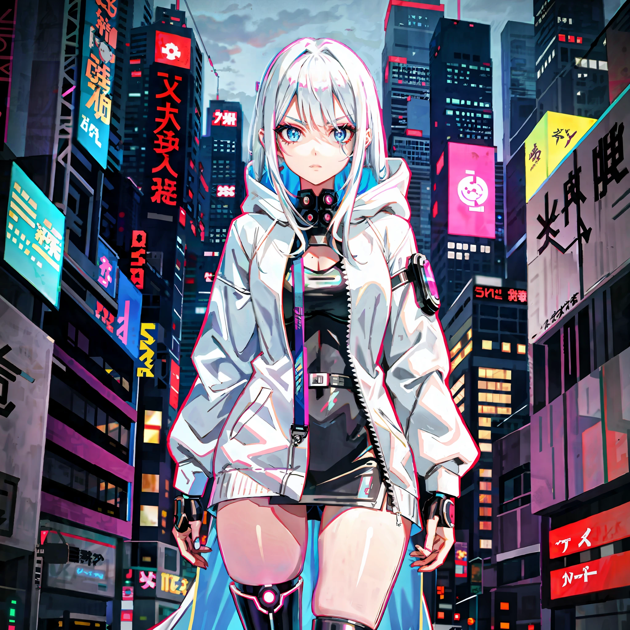 anime girl with white hair and blue eyes in town, cyberpunk anime girl, digital cyberpunk anime art, female cyberpunk anime girl, digital cyberpunk - anime art, anime cyberpunk art, cyberpunk anime art, anime stylized digital art, cyberpunk anime girl in hoodie, portrait anime space cadet girl, modern cyberpunk anime, ayanamis, cyborg - girl with silver hair. Lucy from the anime cyberpunk