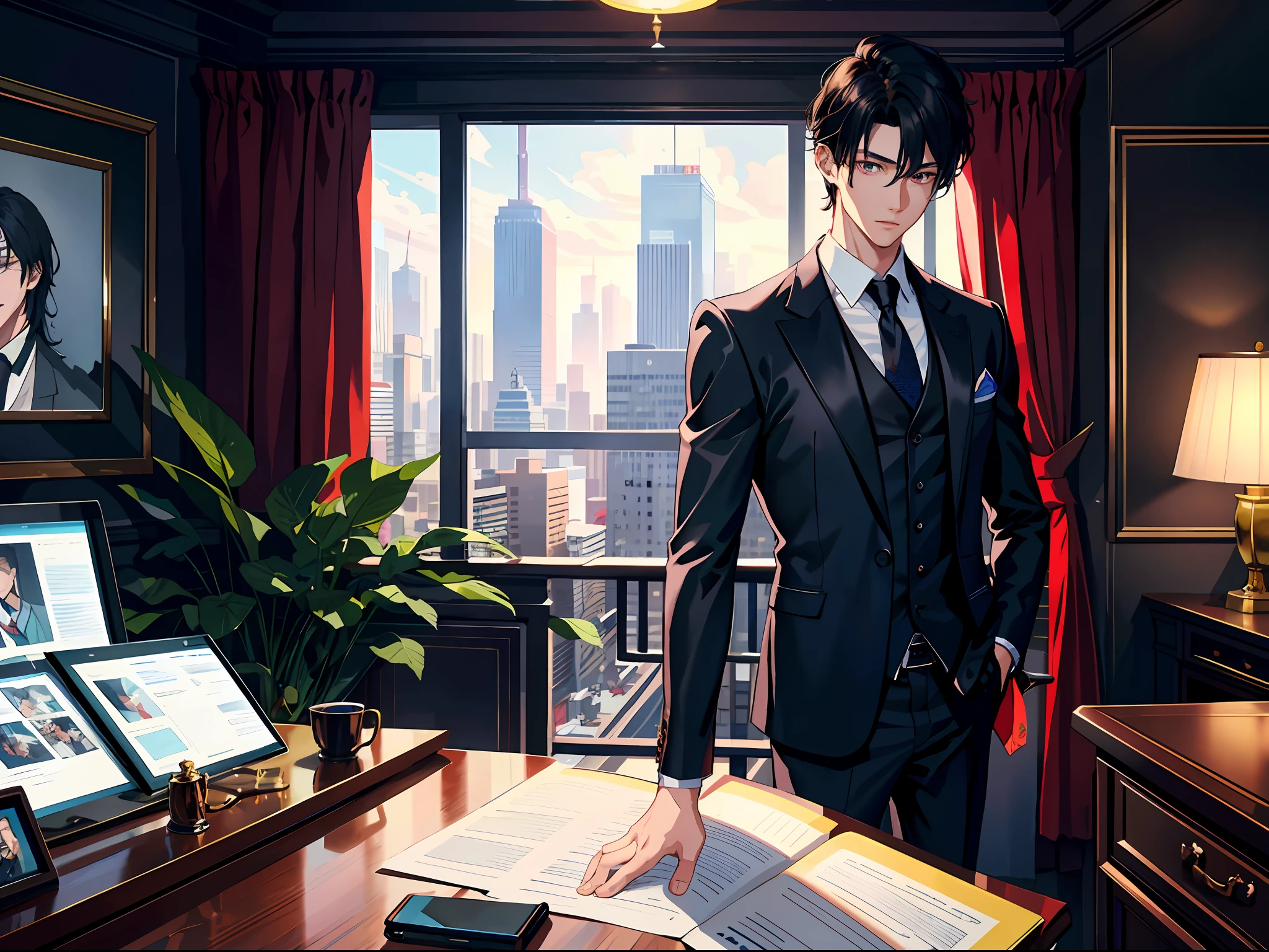 High resolution, highest quality, illustration, super detailed, (detailed face), (detailed eyes), a handsome Chinese young man in a black suit in a luxurious office, standing in front of a floor-to-ceiling window looking out, holding a cell phone in his hand while on a call