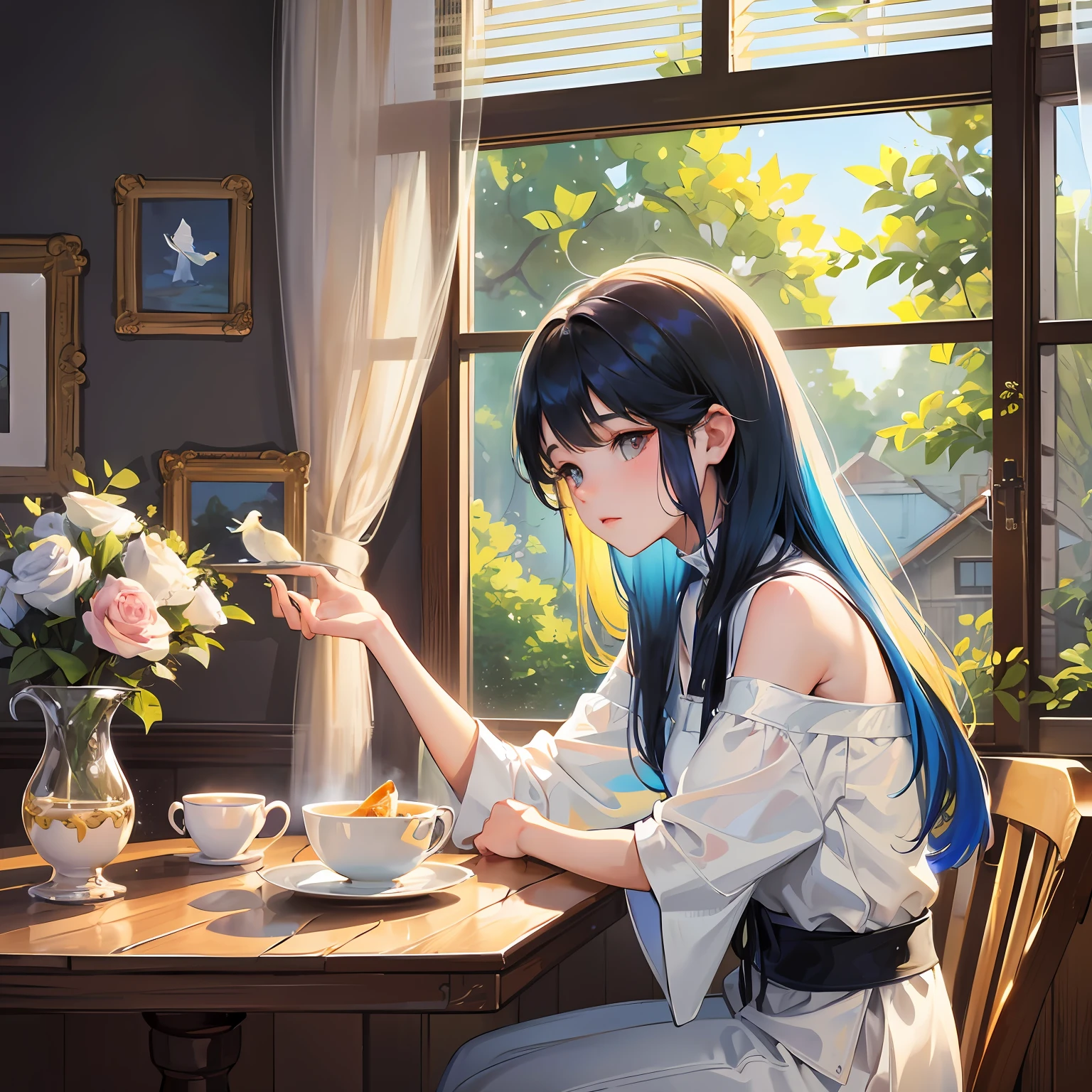 A small bird that flew into the kitchen through an open window rests peacefully on the shoulders of a gentle and beautiful 27 years old woman. Fluttering white curtains, breakfast table sets, golden hour lighting, and crisp, highly detailed, fluid art and digital paintings by Audrey Kawasaki, James Jean, and Esao Andrews. --auto --s2