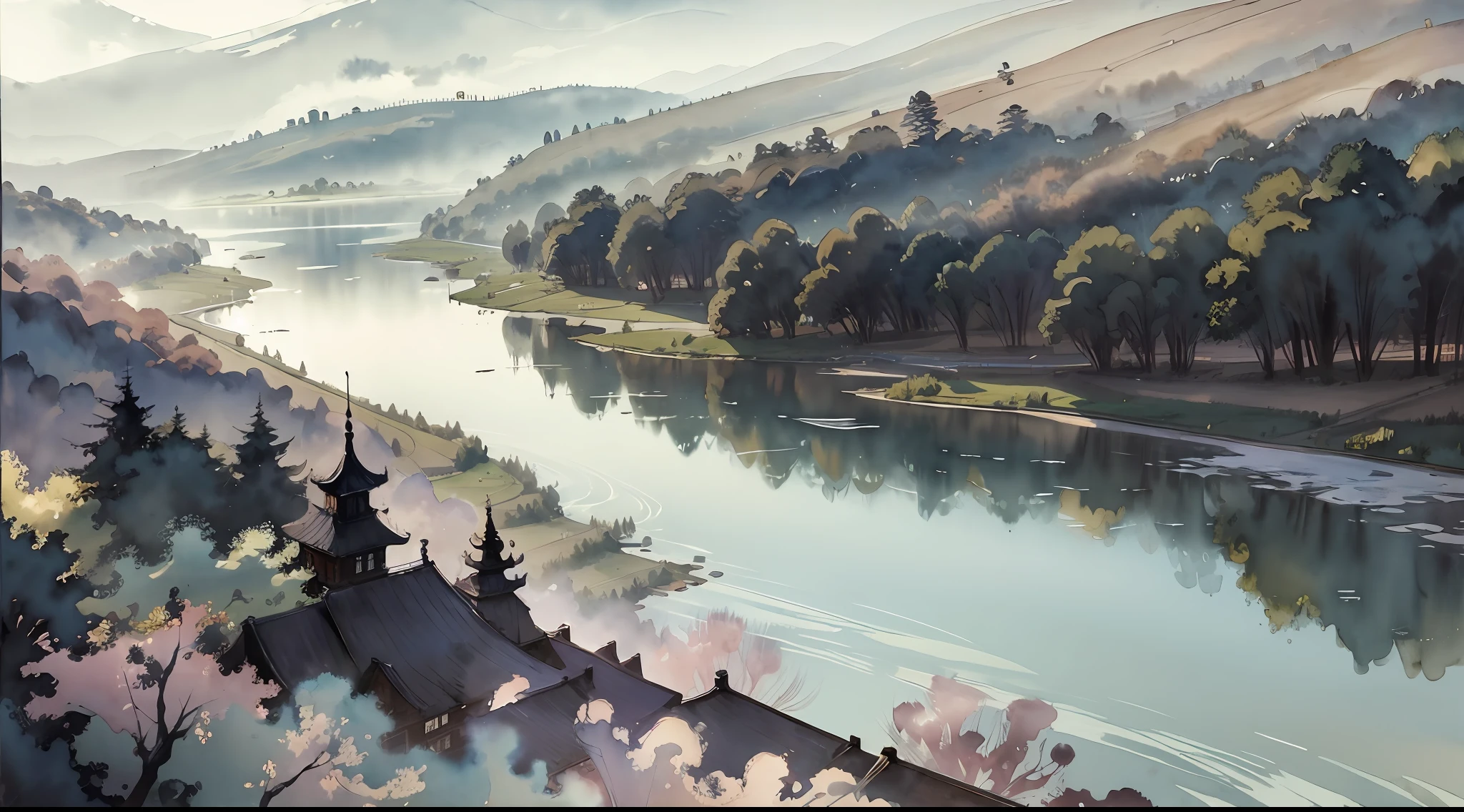 (watercolor style, spectral art) + majestic river overlooking the panorama + costume back (vista) + (flow + subtle reflection) + (blending + splashing) + (light and shadow clear + swaying dynamic)