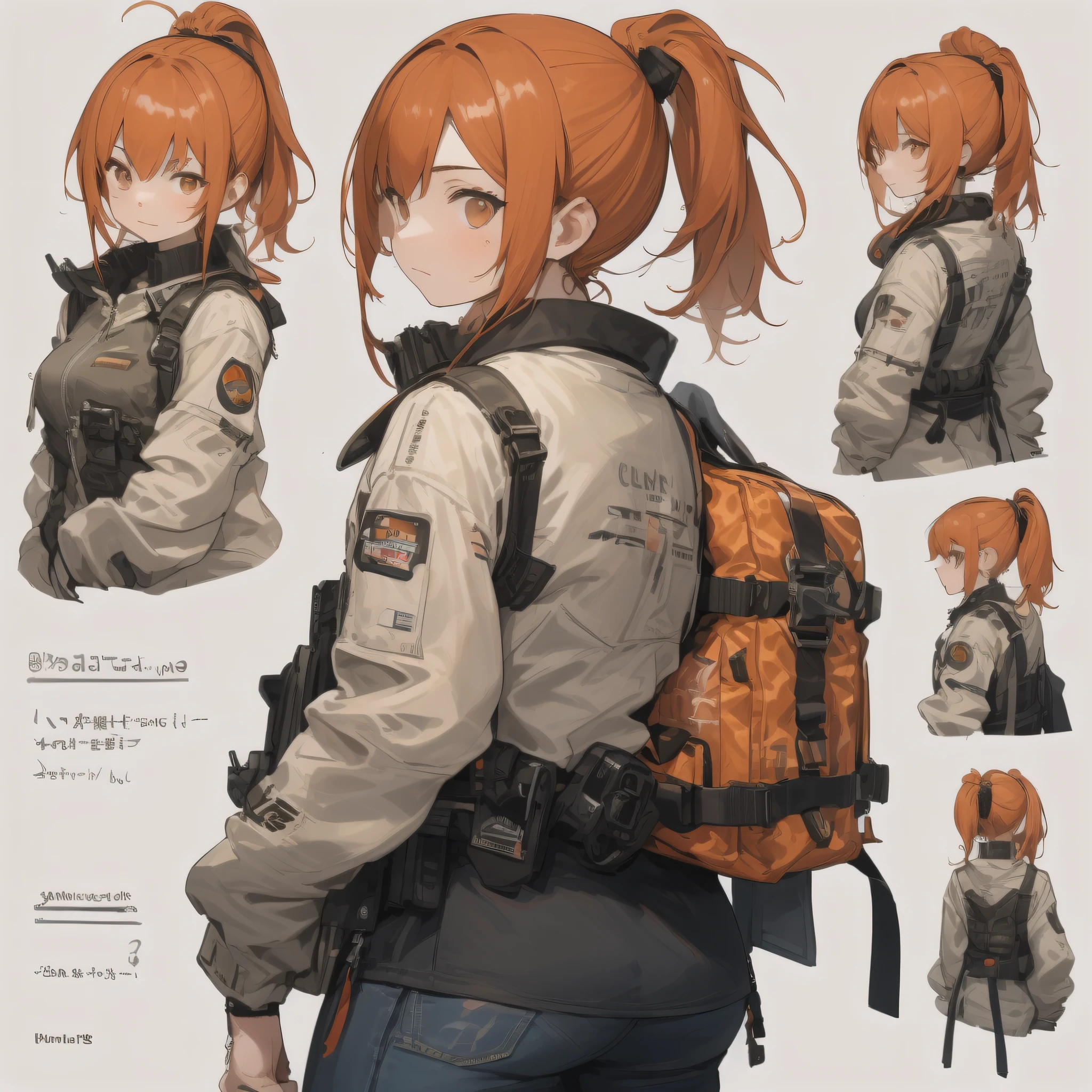 (draw) ((masterpiece, best quality)) (character design sheet, same character, front, side, back images and things written around) a woman with long, red hair and a ponytail hairstyle, brown eyes, wearing a bulletproof vest, a long-sleeved T-shirt with the zipper closed, a white shirt and jeans, orange backpack,
