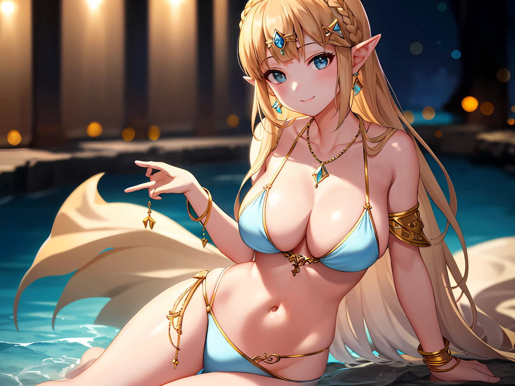 best quality, masterpiece, highres, 1girl, bikini ,hair ornament,necklace, princess zelda, blonde hair, large breasts, jewelry,Beautiful face,upon_body, tyndall effect,photorealistic, dark studio, rim lighting, two tone lighting,(high detailed skin:1.2), 8k uhd, dslr, soft lighting, high quality, volumetric lighting, candid, Photograph, high resolution, 4k, 8k, Bokeh,