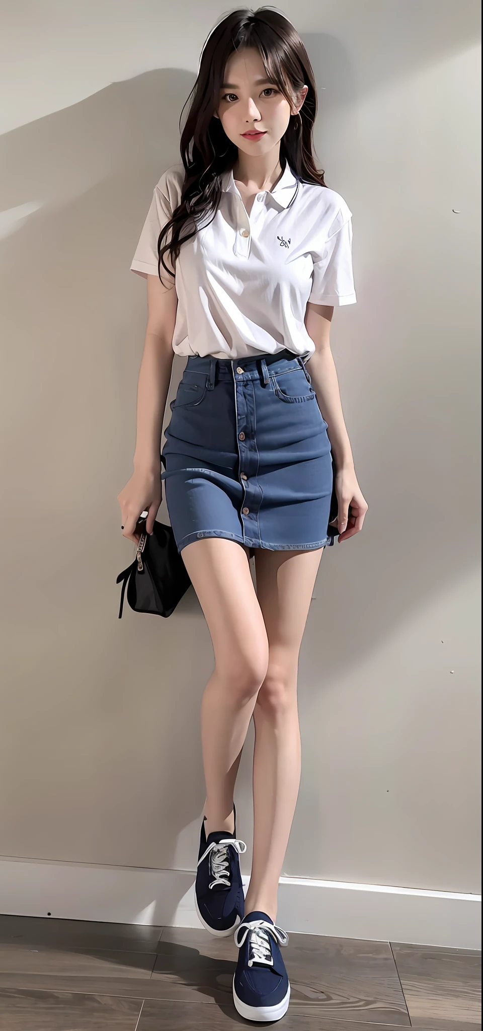 POLO shirt, denim skirt, casual shoes.