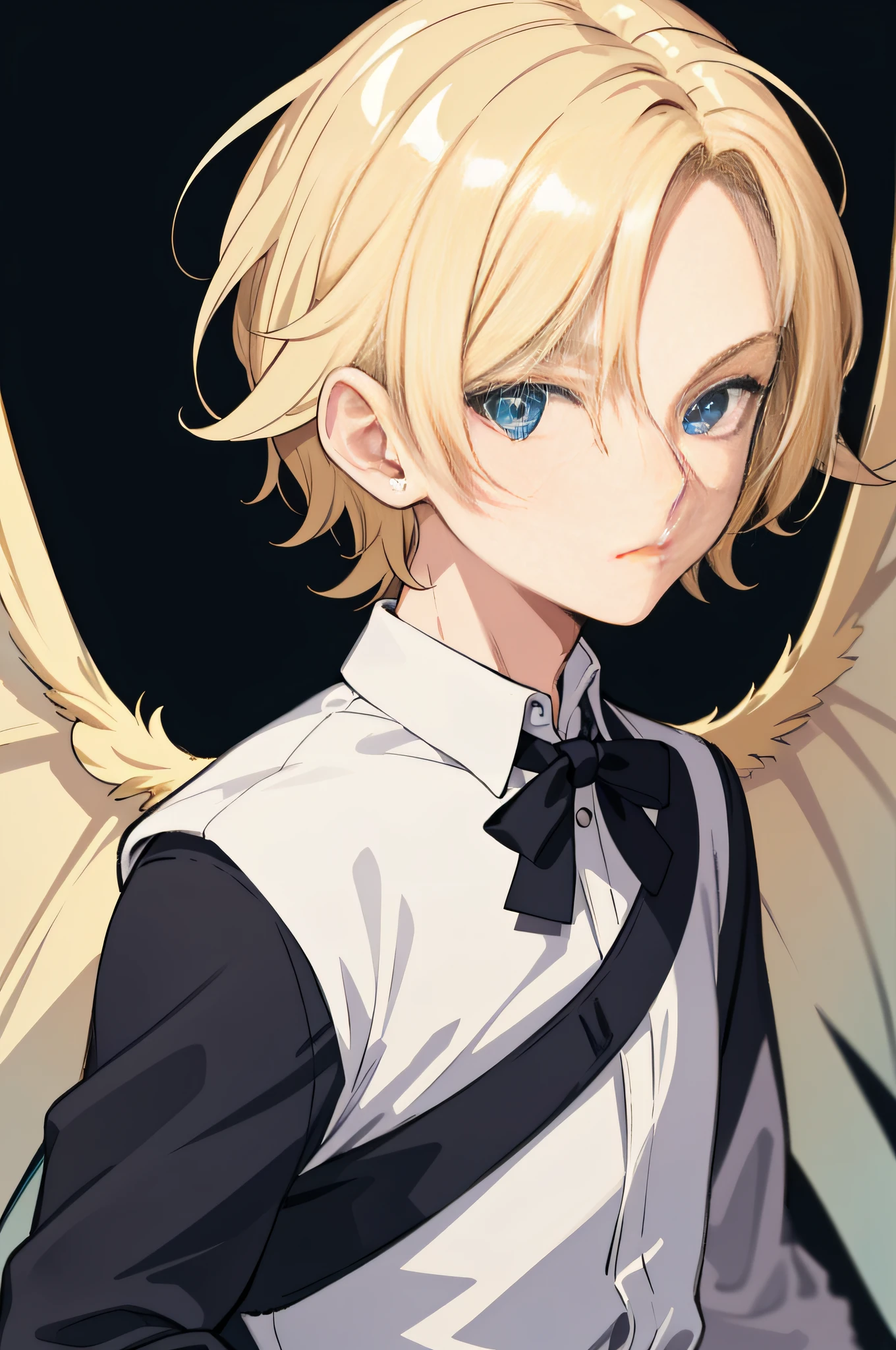 (Masterpiece: 1.2), (Best Quality, Richest Detail) :(Boy, Blonde, Blue Eyes, Wings), (Background, Simple Colors), (Squint: 1.1)