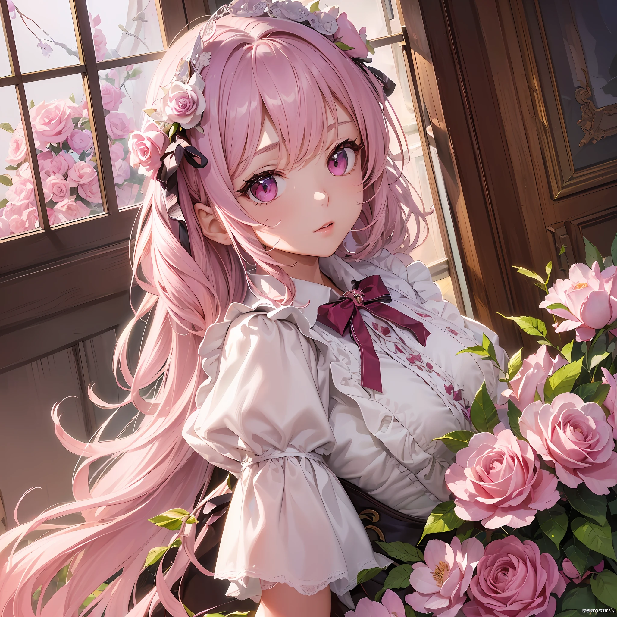 ((masterpiece)), ((highest quality), (super detail), (illustration), ((very delicate and beautiful)), (dynamic angle),
1girl, flower, spring, next to the window, roses, very long hair, detailed face, long eyelashes, eye flower, ruffled sleeves, corset, ribbon, princess, half twin tails, pink hair color slightly open mouth, arms open and acceptance, pink eyes, (low suite: 1.4), --s2
