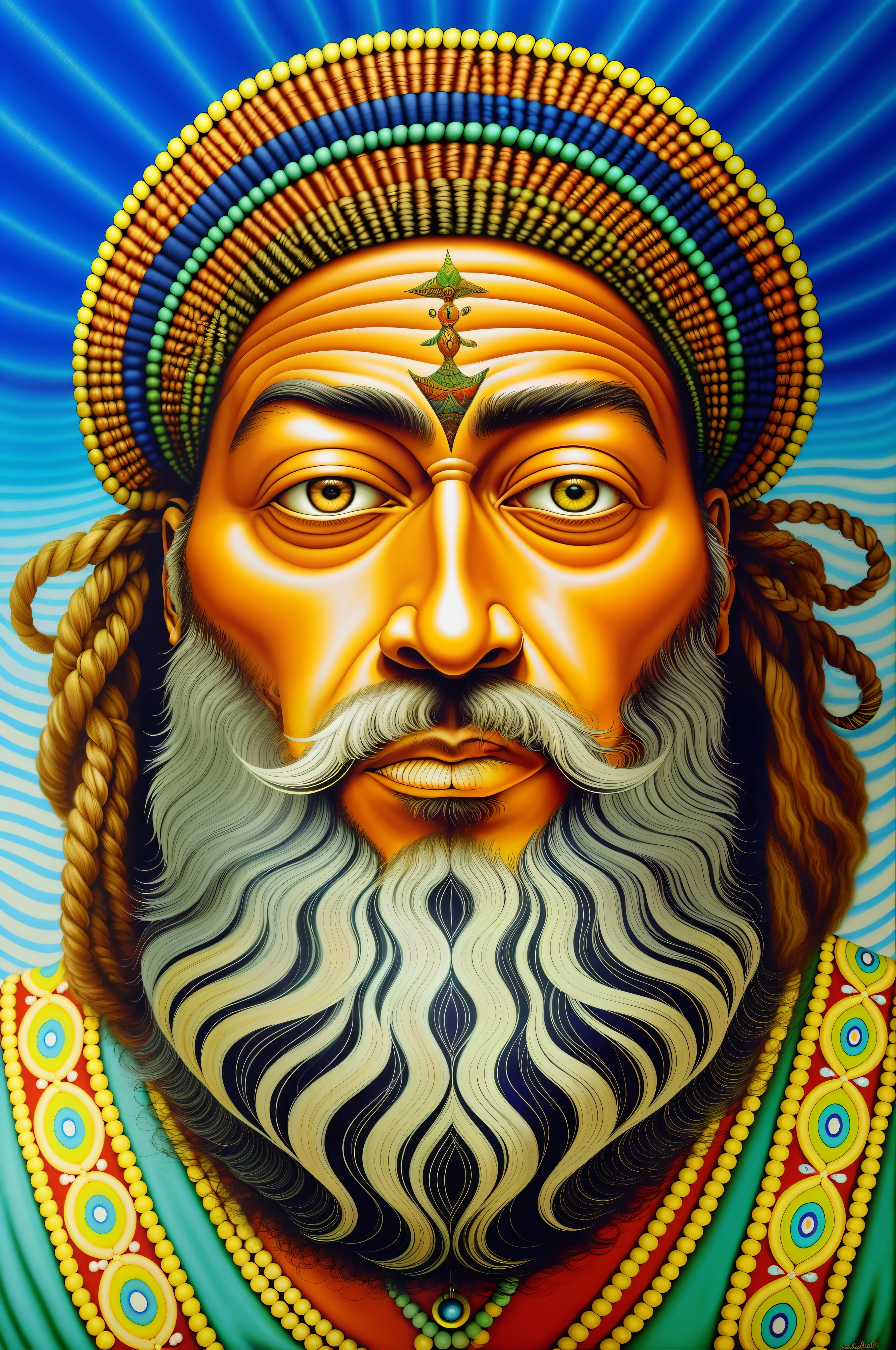 painting of a man with a beard and a white beard, by Mati Klarwein, kemetic, inspired by Mati Klarwein, inspired by Ras Akyem, afrocentric mysticism, ayahuasca shaman, dmt god, the ayahuasca spirit, psychedelic organic shaman, visionary art, raggae art, mati klarwein and moebius