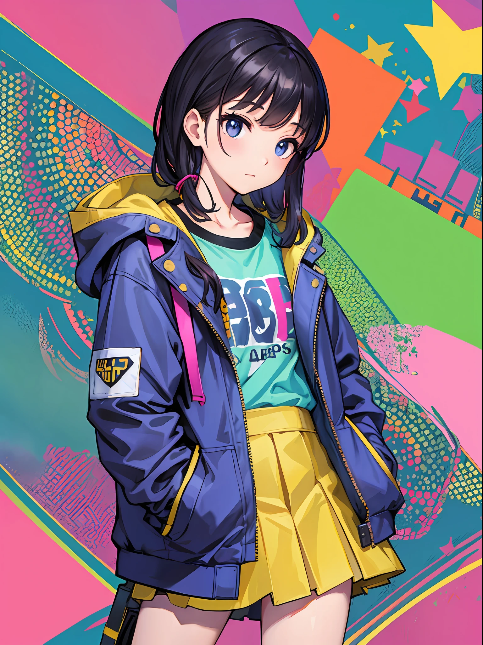 colorful flat background, girl, casual clothes, jacket, skirt,
