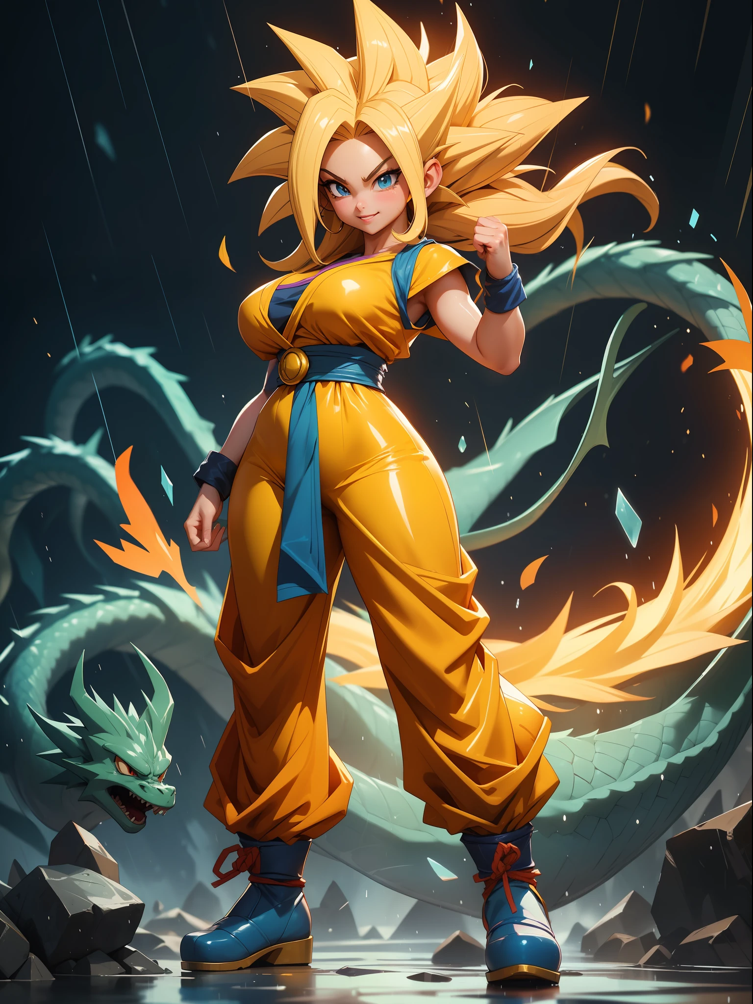 ((Full body photo, feet on the ground, straight body, Dragon Ball Anime)), ((Laura/woman, big breasts, extremely beautiful)), ((Super Saiyan Superior Instinct)) {transformed into Super Saiyan} wearing Goku child's costume/extremely tight on body, emanating golden magic aura circling furiously around the body. Background, completely destroyed city at night raining hard. Her outfit is soaked in water, she's staring at the viewer, smiling, fists clenched, concentrating magical aura, in a front-facing attack pose. Anime Dragon Ball, high detail, anime, 16k, UHD, retina, retina, ccurate, anatomically correct, textured skin, super detail, high quality, award winning