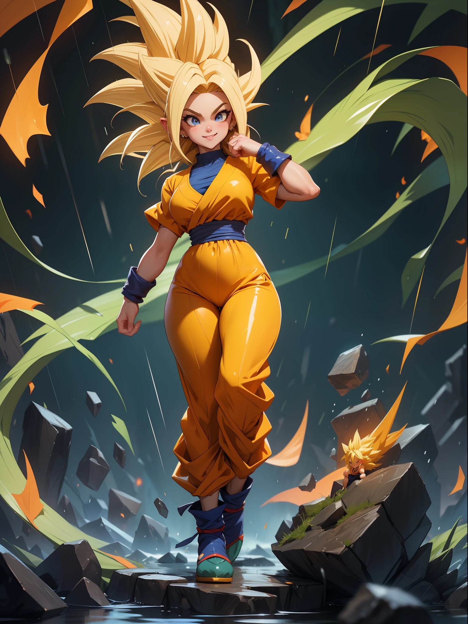 ((Full body photo, feet on the ground, straight body, Dragon Ball Anime)), ((Laura/woman, , extremely beautiful)), ((Super Saiyan Superior Instinct)) {transformed into Super Saiyan} wearing Goku child's cosextremely tight on body, emanating golden magic aura circling furiously around the body. Background, completely destroyed city at night raining hard. Her outfit is soaked in water, she's staring at the viewer, smiling, fists clenched, concentrating magical aura, in a front-facing attack pose. Anime Dragon Ball, high detail, anime, 16k, UHD, retina, retina, ccurate, anatomically correct, textured skin, super detail, high quality, award winning