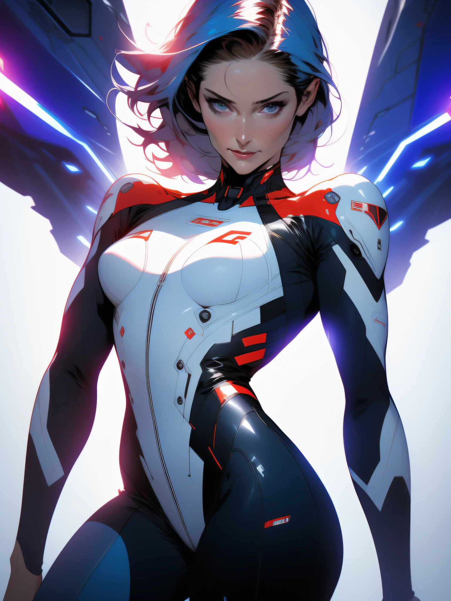 ((Best quality)), ((masterpiece)), (detailed: 1.4), (Absurd), (((Carrie Anne Moss)))), Fighter pilot woman ready for war, dark skin, flash dc comics, lightning and lightning, muscular sculptural body defined, whole body, half thick naked thighs, closed mouth, muscular body covered by technological clothing, Neon Genesis Evangelion style, cyberpunk, generous neckline, ((perfect medium breasts)), (super light blue eyes without pupils),  ((white and dark red clothing without black)), (((super short straight hair)))), long and black eyelashes heavy makeup, garter belt, by mucha, niji --V5, close to real, psychopath, crazy face, sexy pose, red and white background, 2 piece clothing, shoulder pads with airplane wings, pastel, centered, scale to fit the dimensions, HDR (High Dynamic Range),Ray Tracing, NVIDIA RTX,Super-Resolution,Unreal 5,Subsurface Dispersion, PBR Texture, Post-processing, Anisotropic filtering, Depth of field, Maximum clarity and sharpness, Multilayer textures, Albedo and specular maps, Surface shading, Accurate simulation of light-material interaction, Perfect proportions, Octane Render, Two-tone lighting, Wide aperture, Low ISO, White balance, Rule of thirds, 8K RAW, crysisnanosuit