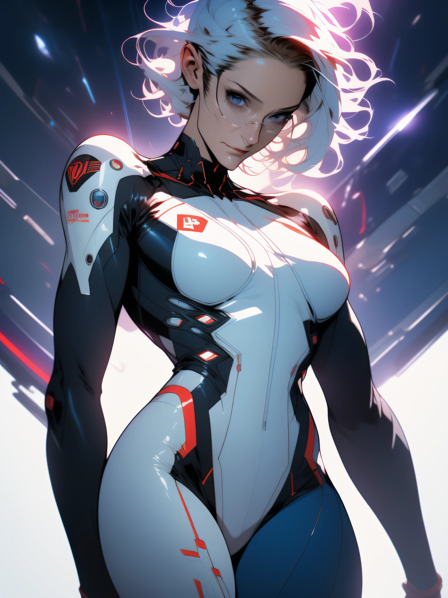 ((Best quality)), ((masterpiece)), (detailed: 1.4), (Absurd), (((Carrie Anne Moss)))), Fighter pilot woman ready for war, dark skin, flash dc comics, lightning and lightning, muscular sculptural body defined, whole body, half thick naked thighs, closed mouth, muscular body covered by technological clothing, Neon Genesis Evangelion style, cyberpunk, generous neckline, ((perfect medium breasts)), (super light blue eyes without pupils), ((white and dark red clothing without black)), (((super short straight hair)))), long and black eyelashes heavy makeup, garter belt, by mucha, niji --V5, close to real, psychopath, crazy face, sexy pose, red and white background, 2 piece clothing, shoulder pads with airplane wings, pastel, centered, scale to fit the dimensions, HDR (High Dynamic Range),Ray Tracing, NVIDIA RTX,Super-Resolution,Unreal 5,Subsurface Dispersion, PBR Texture, Post-processing, Anisotropic filtering, Depth of field, Maximum clarity and sharpness, Multilayer textures, Albedo and specular maps, Surface shading, Accurate simulation of light-material interaction, Perfect proportions, Octane Render, Two-tone lighting, Wide aperture, Low ISO, White balance, Rule of thirds, 8K RAW, crysisnanosuit