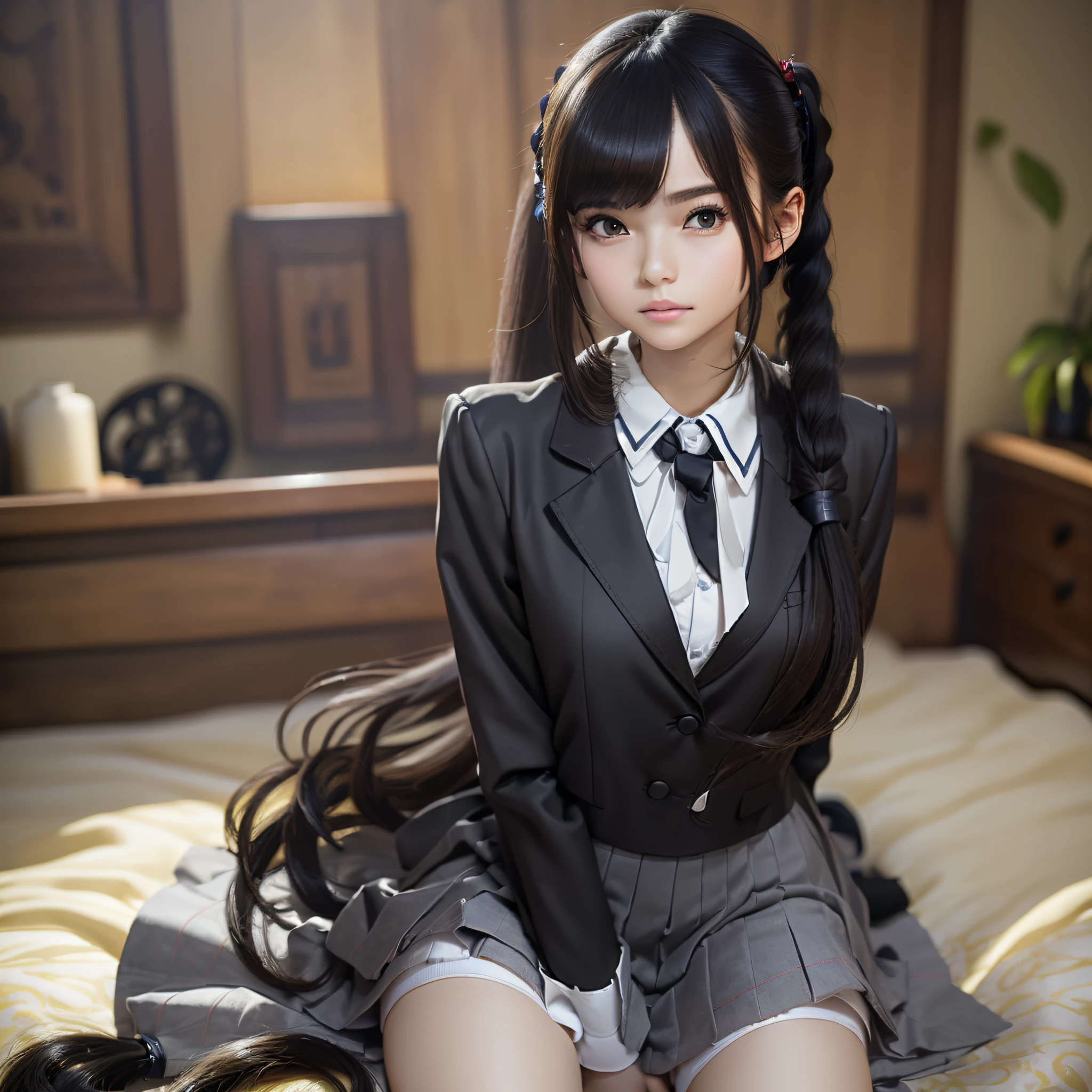 ((Top quality, 8k, Masterpiece: 1.3, Live action)), beauty, 1 girl, beauty: 1.3, slender abs: 1.1, school uniform (aristocratic school), long black hair (double ponytail), (sitting on bed), ultra-detailed face, highly detailed lips, detailed eyes, double eyelids --auto --s2