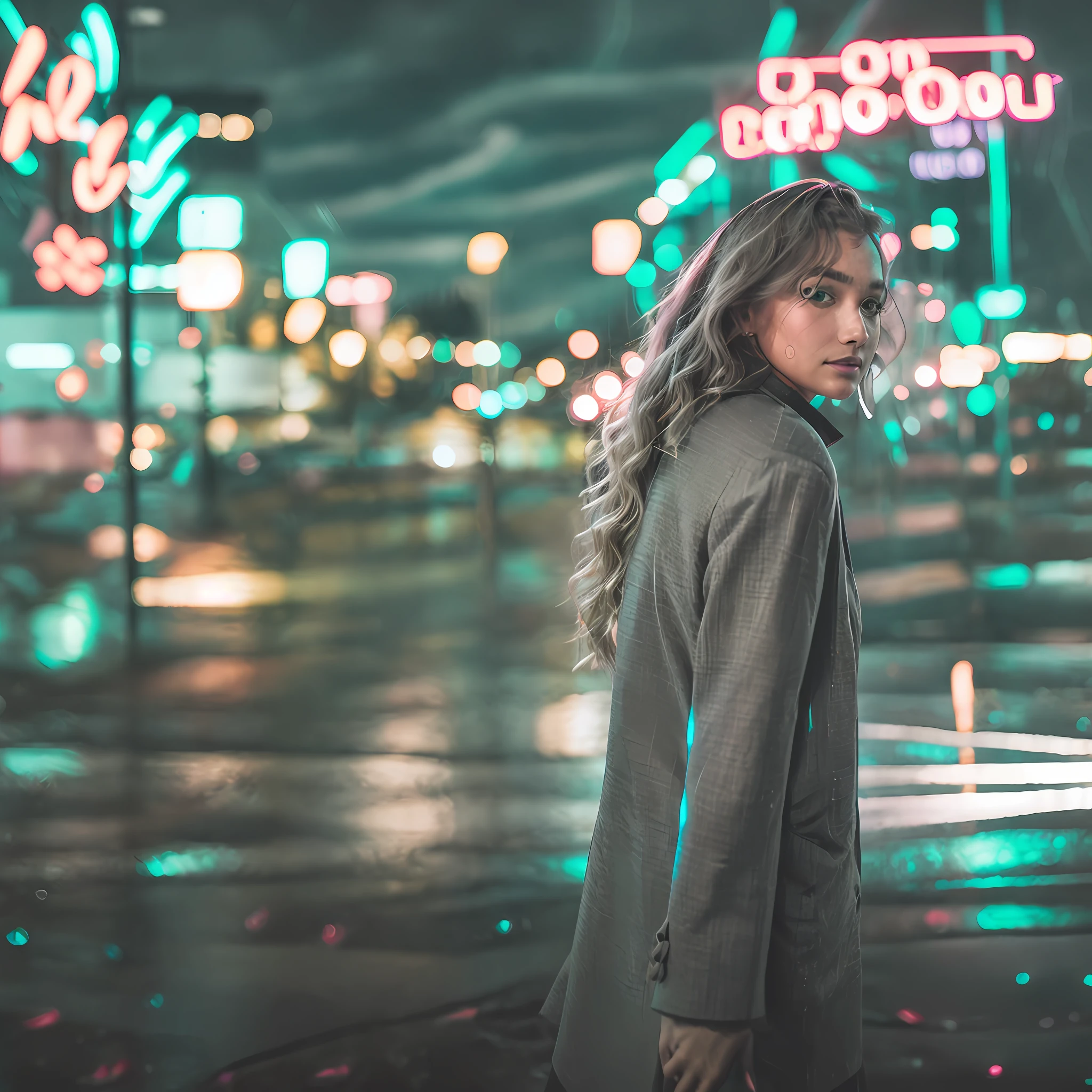 DSLR photo, a woman walking across a street at night wearing a coat and looking over her shoulder with flowing hair, (raining:1.3), (neon signs:1.3), NeonNoir, (backlit:1.1), hard shadow, masterpiece, best quality, Intricate, High Detail, 8k, modelshoot style, film grain,