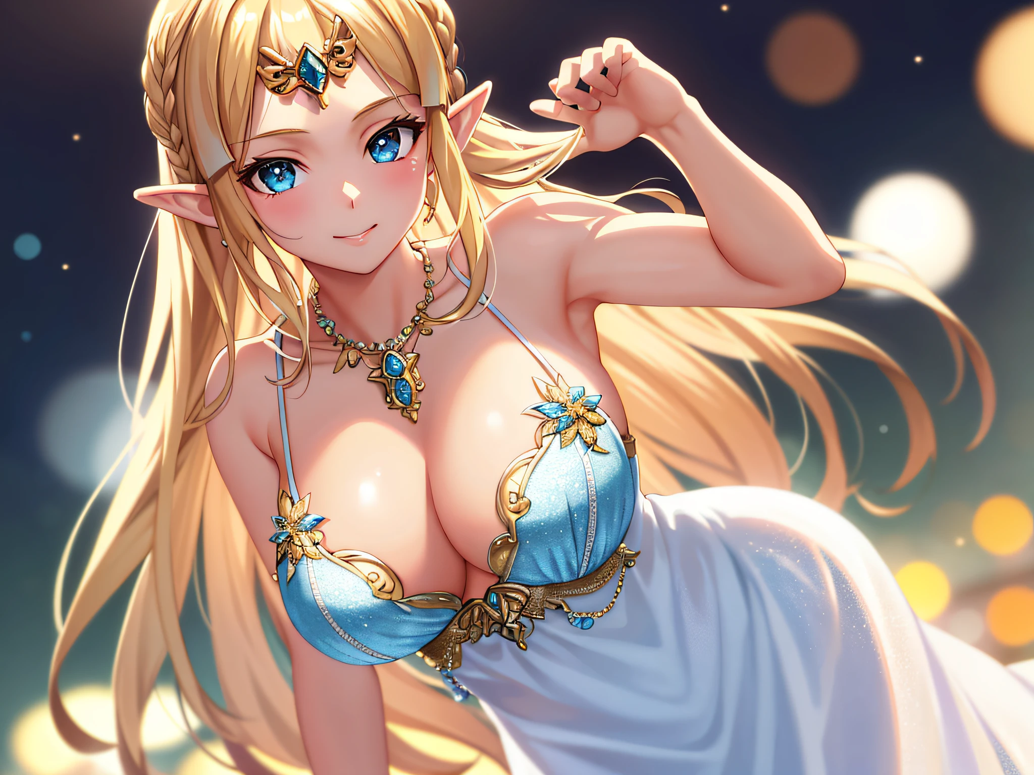 best quality, masterpiece, highres, 1girl , hair ornament,necklace, princess zelda, blonde hair, large breasts, prom dress, jewelry,Beautiful face,upon_body, tyndall effect,photorealistic, dark studio, rim lighting, two tone lighting,(high detailed skin:1.2), 8k uhd, dslr, soft lighting, high quality, volumetric lighting, candid, Photograph, high resolution, 4k, 8k, Bokeh,