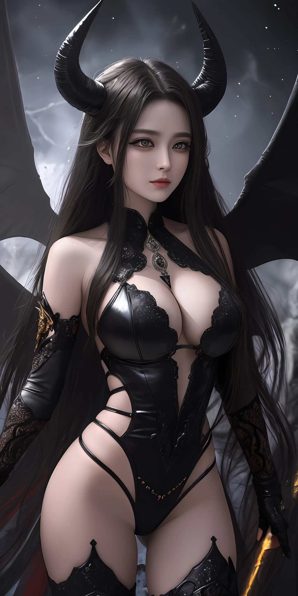 (16k, masterpiece, best quality), ultra-detailed, detailed beautiful round eyes, beautifully detailed face, high quality, high resolution, perfect anatomy, (a female demon appeared from the hell), in the darkness of the night, goddess of hell, straight hair, evil, an evil face, hell background, horn, big breast, mature women, dynamic pose, looking into the distance, devil wings
