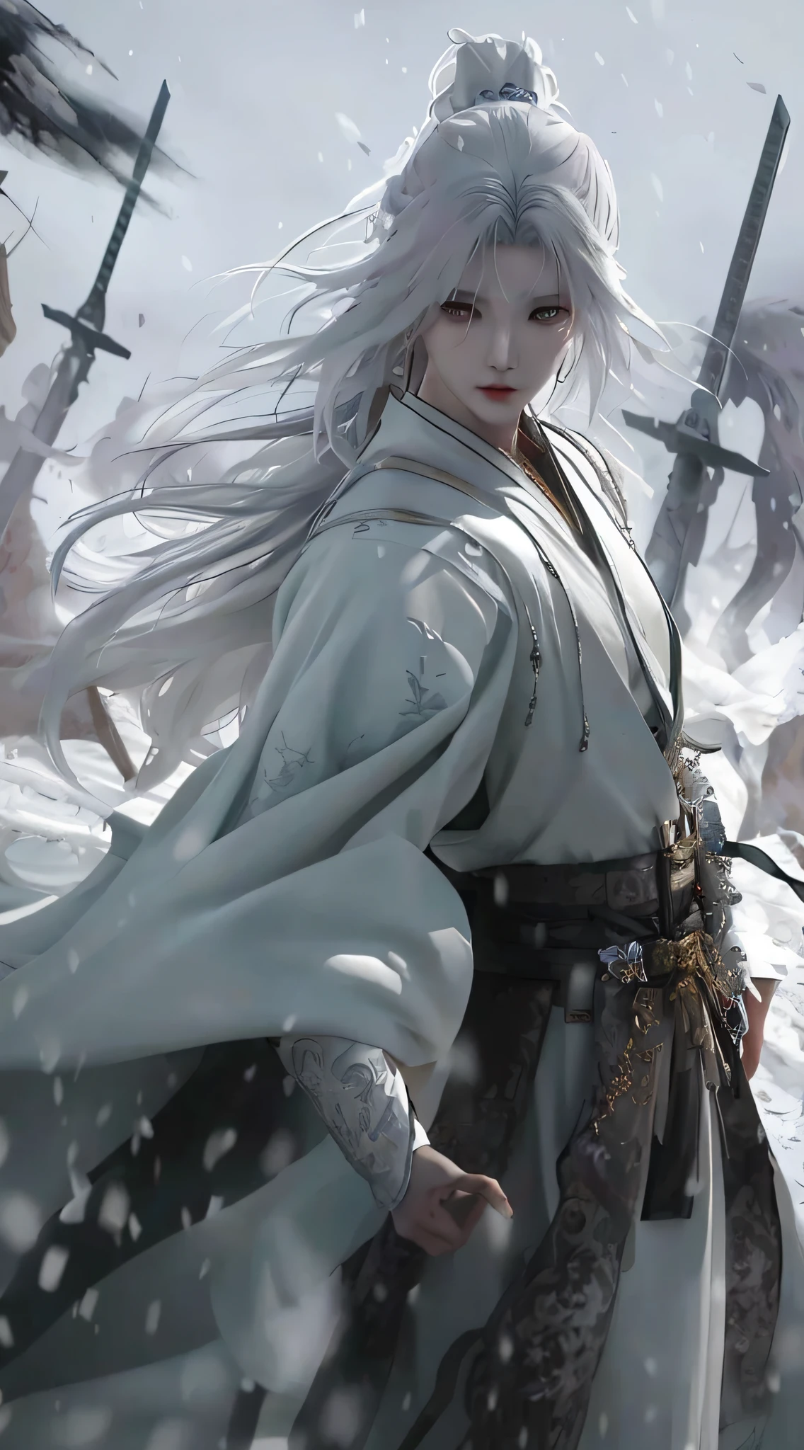 arafed image of a woman in a white robe and a sword, by Yang J, artwork in the style of guweiz, white haired deity, handsome guy in demon slayer art, beautiful character painting, by Fan Qi, god of winter, guweiz, flowing white robes, by Yang Jin, inspired by Chen Yifei