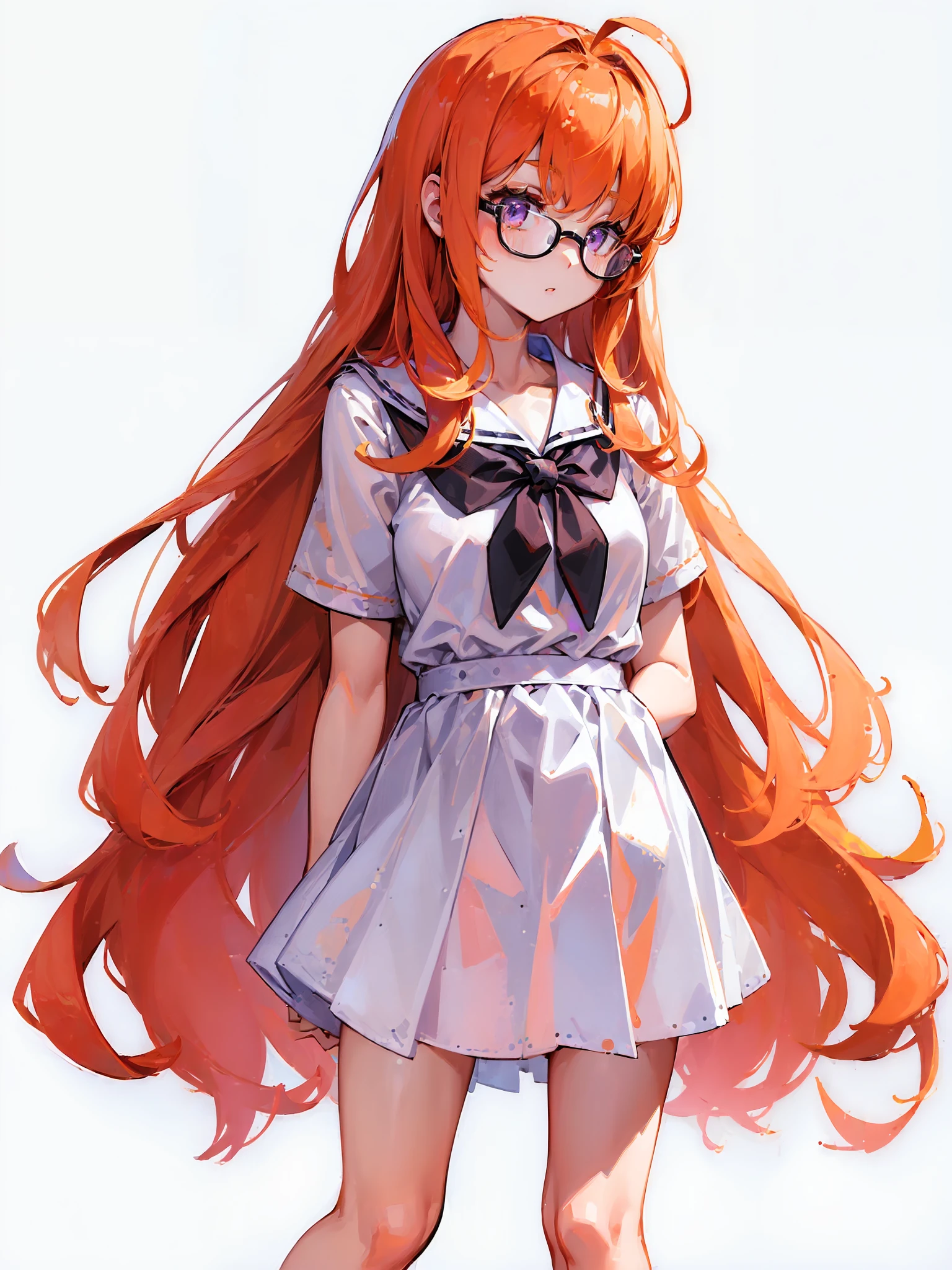 ((((((white background)))))),original,(illustration:1.1),(best quality),(masterpiece:1.1), extremely detailed 8K wallpaper, best quality, full body, solo, 1girl, dsfutaba, long orange hair, (ahoge:0.9), glasses, blunt bangs, purple eyes, small , standing, school uniform, white background, no background,