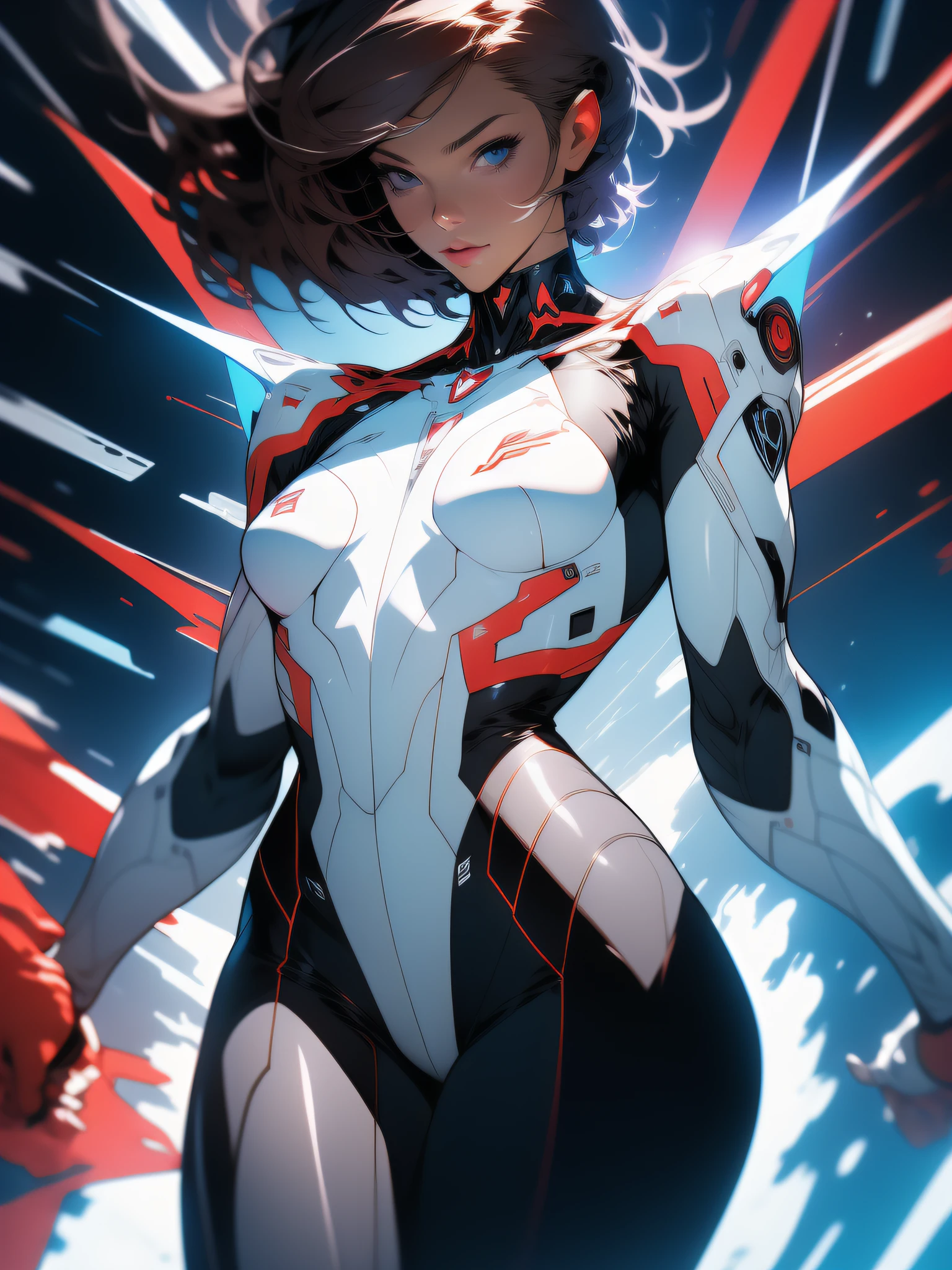 ((Best quality)), ((masterpiece)), (detailed: 1.4), (Absurd), War-ready female fighter pilot, dark skin, flash dc comics, lightning and lightning, muscular sculptural body defined, full body, half-thick naked thighs, closed mouth, muscular body covered in technological clothing, Neon Genesis Evangelion style, cyberpunk, generous neckline, ((perfect medium breasts)), (super light blue eyes without pupils),  ((white and dark red clothing without black)), (((short straight hair)))), long and black eyelashes heavy makeup, garter belt, by mucha, niji --V5, close to real, psychopath, crazy face, sexy pose, red and white background, 2 piece clothing, shoulder pads with airplane wings, pastel, centered, scale to fit the dimensions, HDR (High Dynamic Range),Ray Tracing, NVIDIA RTX,Super-Resolution,Unreal 5,Subsurface Dispersion, PBR Texture, Post-processing, Anisotropic filtering, Depth of field, Maximum clarity and sharpness, Multilayer textures, Albedo and specular maps, Surface shading, Accurate simulation of light-material interaction, Perfect proportions, Octane Render, Two-tone lighting, Wide aperture, Low ISO, White balance, Rule of thirds, 8K RAW, crysisnanosuit
