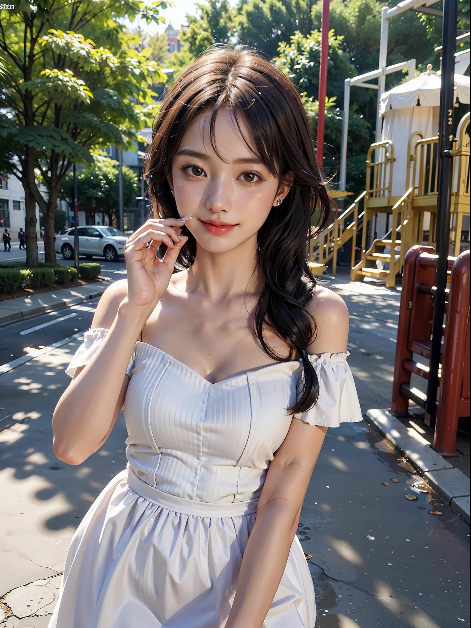 1girl, offshoulder, light smile, shiny skin
best quality, masterpiece, Eating artapushi at the playground, (photorealistic:1.4)