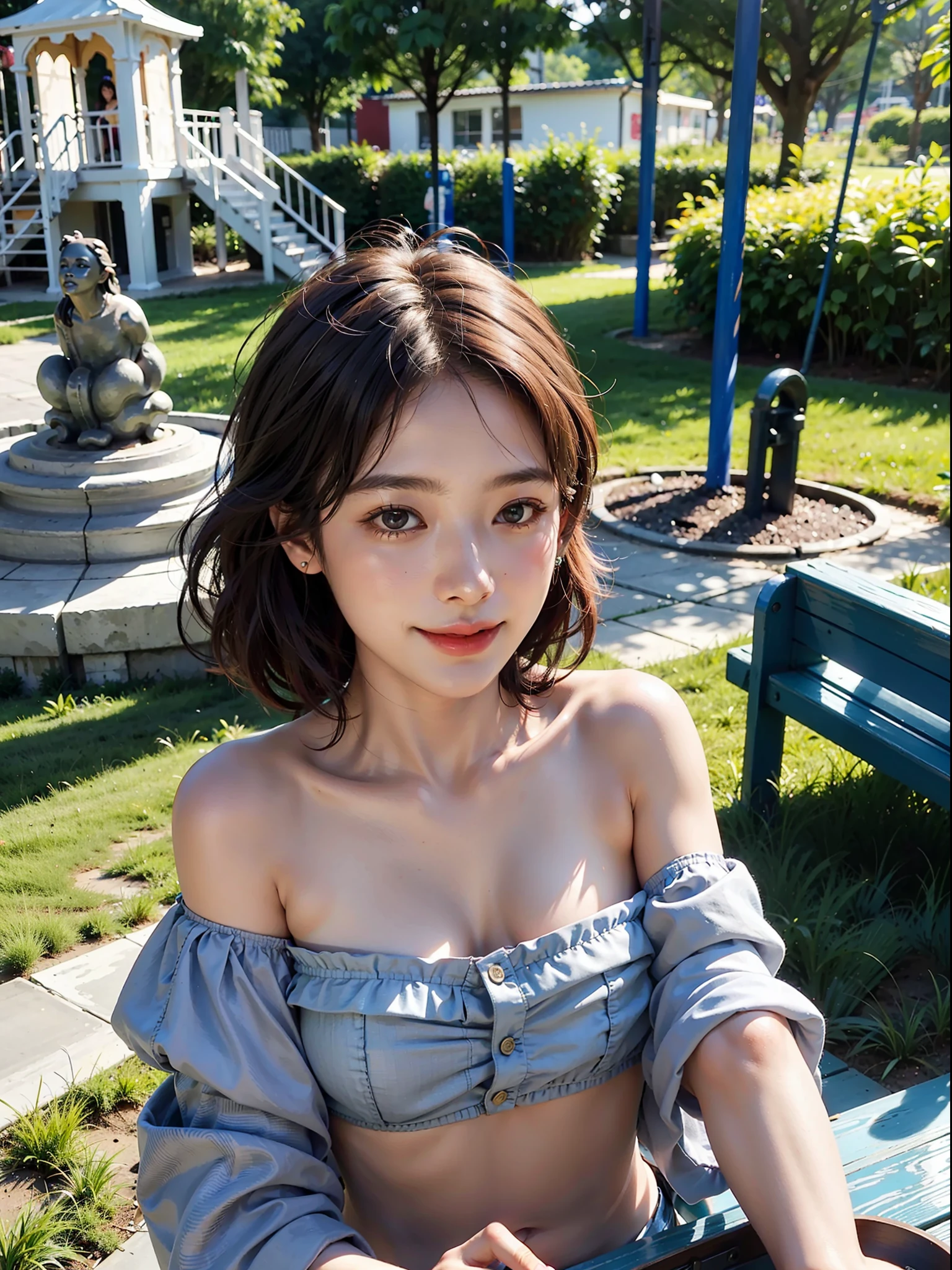 1girl, offshoulder, light smile, shiny skin
best quality, masterpiece, Eating artapushi at the playground, (photorealistic:1.4)