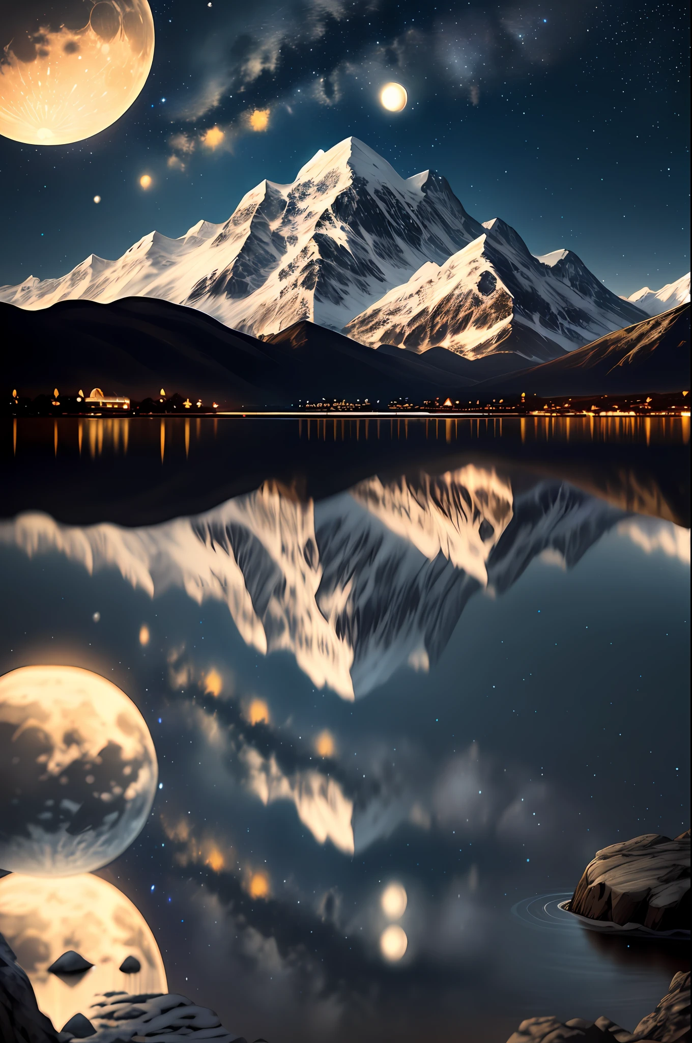 Very starry night. A giant moon behind the mountains. A tranquil lake reflecting the night. Realistic scene, detailed, photorealism, 8k