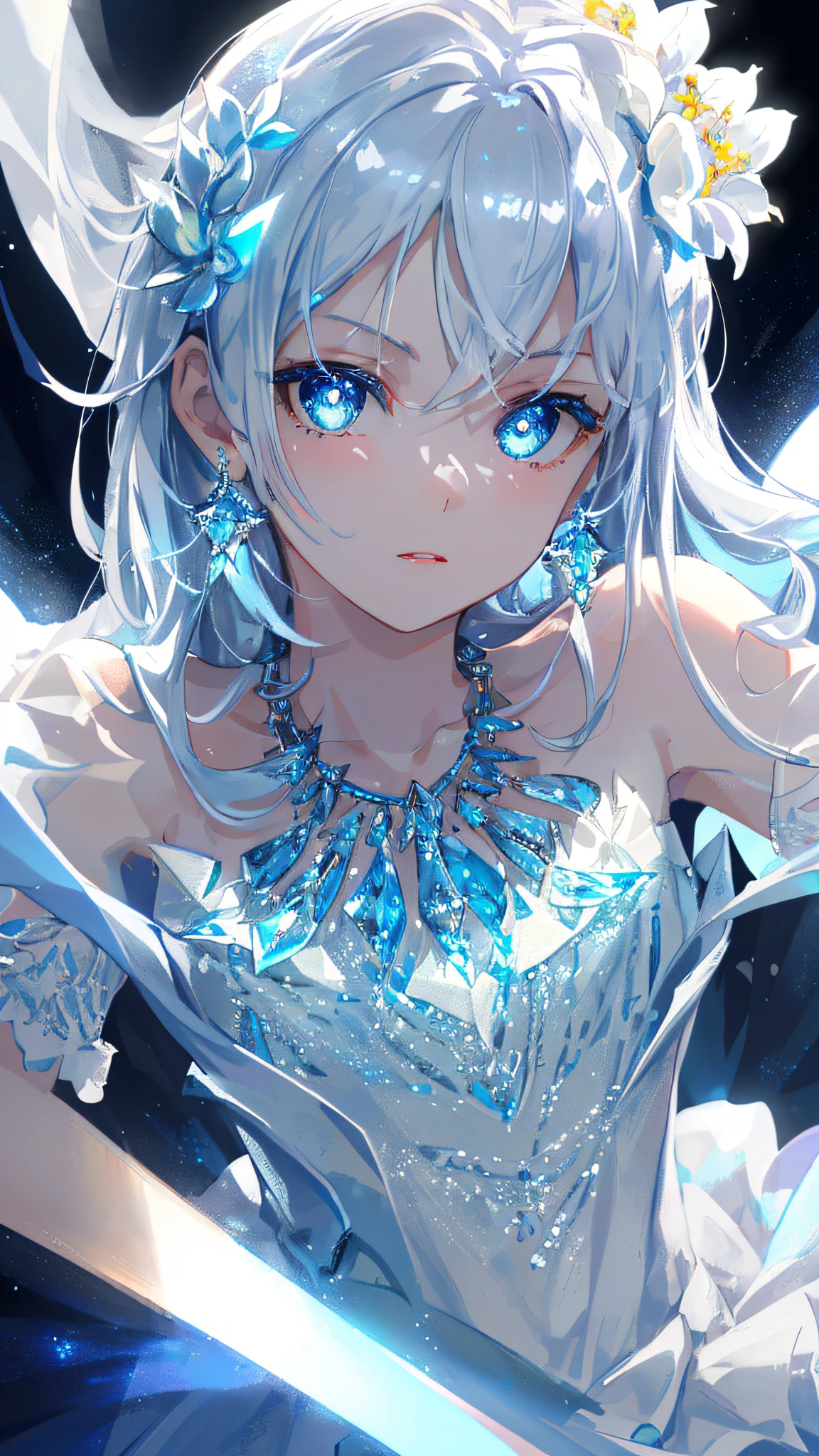 masterpiece, best quality, illustration, sax blue, platinum earrings, platinum necklace, white dress, 1girl, cute, (dynamic lighting:1.2), cinematic lighting, delicate facial features, detailed eyes, sharp pupils, realistic pupils, depth of field, bokeh, sharp focus, (hyper-detailed, bloom, glow:1.4), many small gems