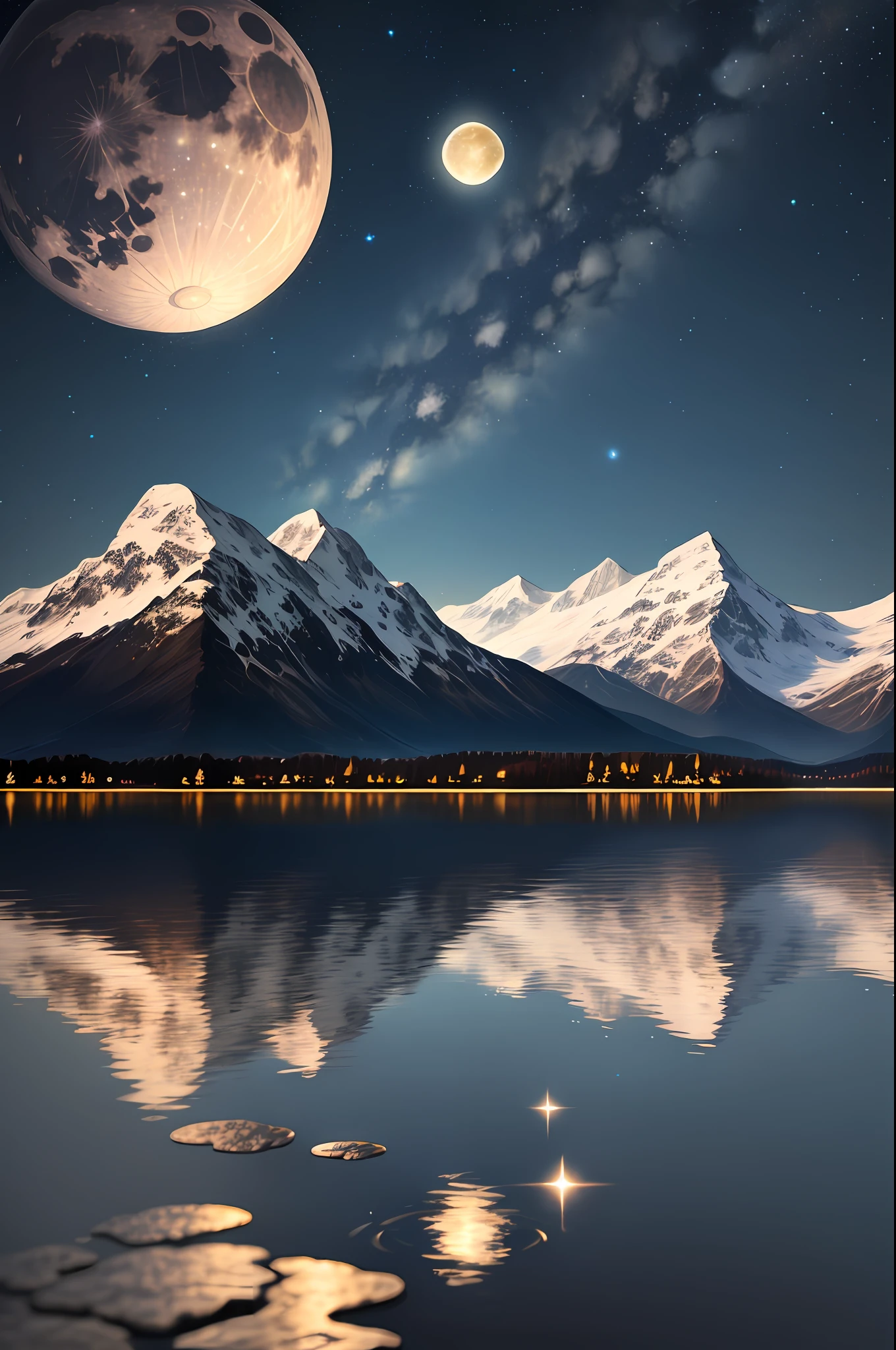 Very starry night. A giant moon behind the mountains. A tranquil lake reflecting the night. Realistic scene, detailed, photorealism, 8k