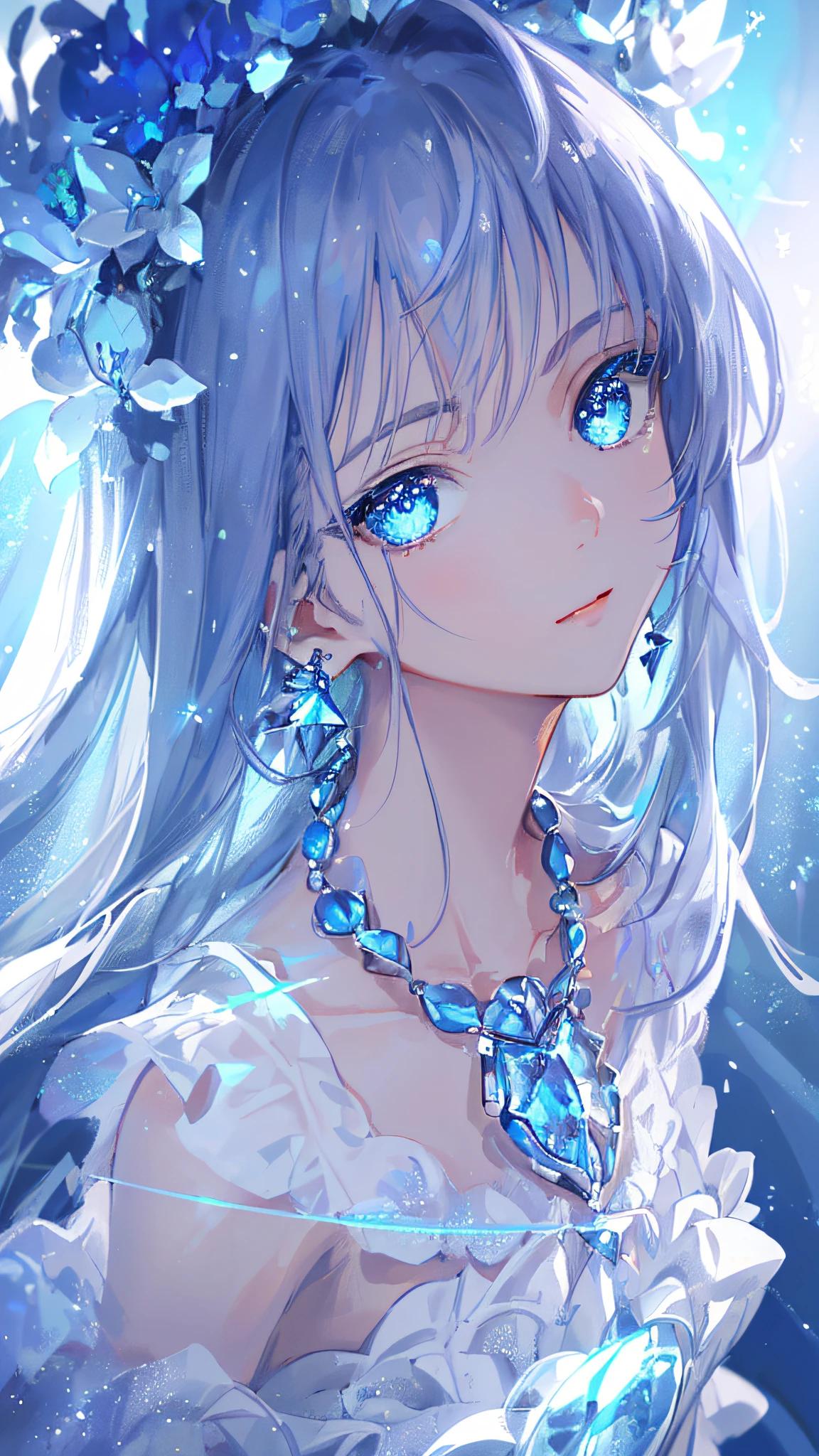 masterpiece, best quality, illustration, sax blue, platinum earrings, platinum necklace, white dress, 1girl, cute, (dynamic lighting:1.2), cinematic lighting, delicate facial features, detailed eyes, sharp pupils, realistic pupils, depth of field, bokeh, sharp focus, (hyper-detailed, bloom, glow:1.4), many small gems