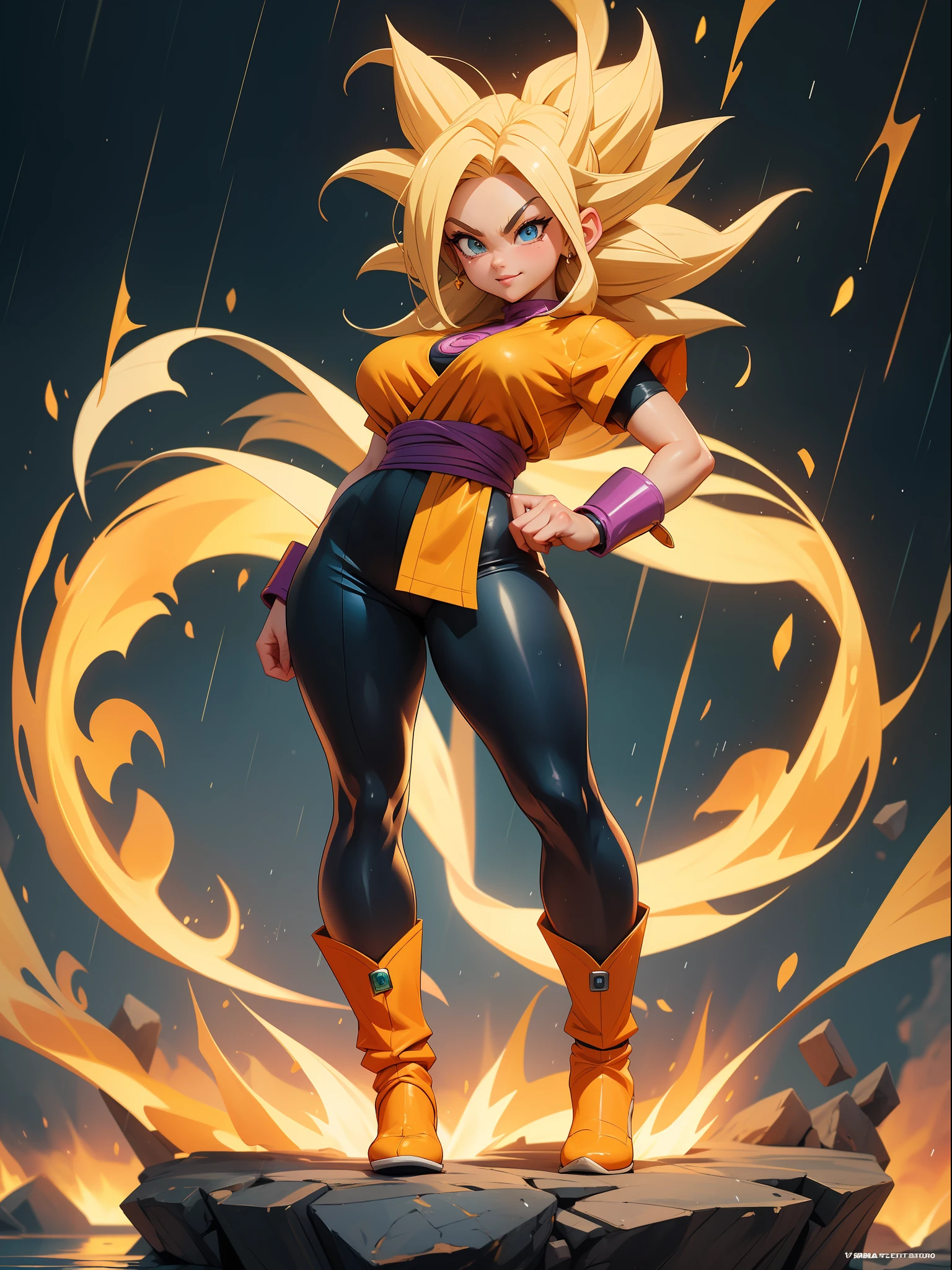 ((Full body photo, feet on the ground, straight body, Dragon Ball Anime)), ((Laura/woman, big breasts, extremely beautiful)), ((Super Saiyan Superior Instinct)) {transformed into Super Saiyan} wearing Goku child's costume/extremely tight on body, emanating golden magic aura circling furiously around the body. Background, completely destroyed city at night raining hard. Her outfit is soaked in water, she's staring at the viewer, smiling, fists clenched, concentrating magical aura, in a front-facing attack pose. Anime Dragon Ball, high detail, anime, 16k, UHD, retina, retina, ccurate, anatomically correct, textured skin, super detail, high quality, award winning