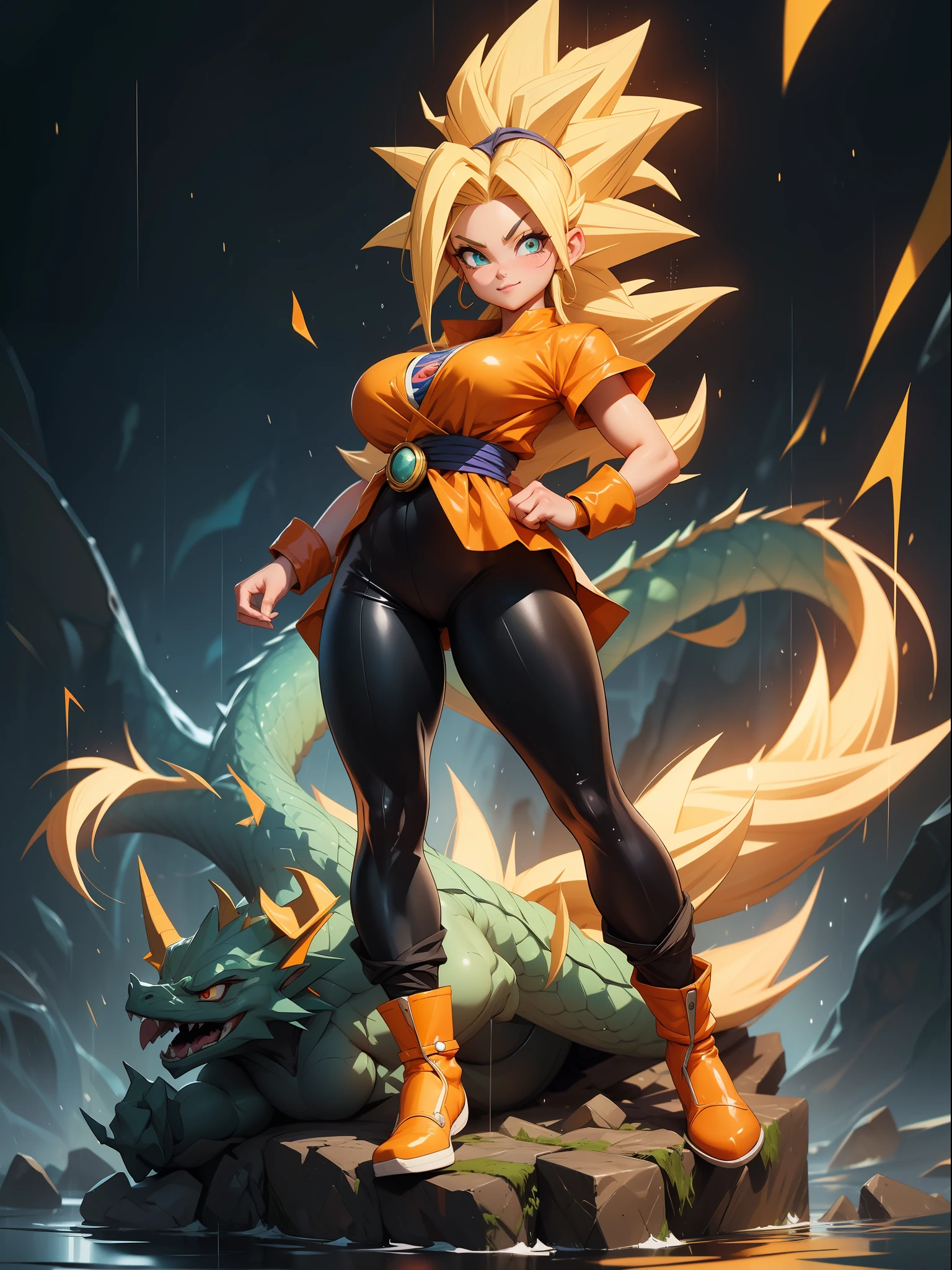 ((Full body photo, feet on the ground, straight body, Dragon Ball Anime)), ((Laura/woman, big breasts, extremely beautiful)), ((Super Saiyan Superior Instinct)) {transformed into Super Saiyan} wearing Goku 's costume/extremely tight on body, emanating golden magic aura circling furiously around the body. Background, completely destroyed city at night raining hard. Her outfit is soaked in water, she's staring at the viewer, smiling, fists clenched, concentrating magical aura, in a front-facing attack pose. Anime Dragon Ball, high detail, anime, 16k, UHD, retina, retina, ccurate, anatomically correct, textured skin, super detail, high quality, award winning
